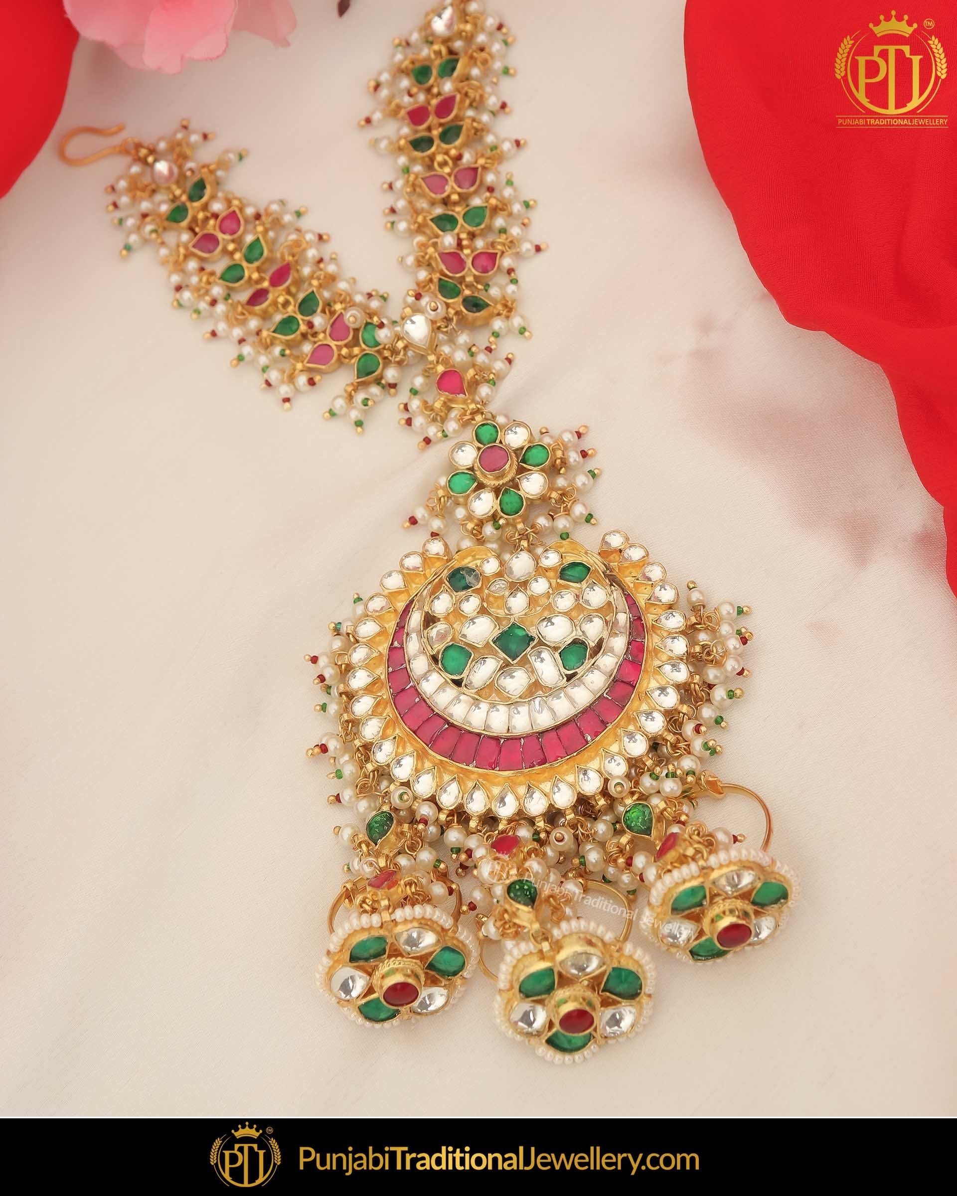 Gold Finished Kundan Rubby Emerlad Pair Hand Pieces | Punjabi Traditional Jewellery Exclusive