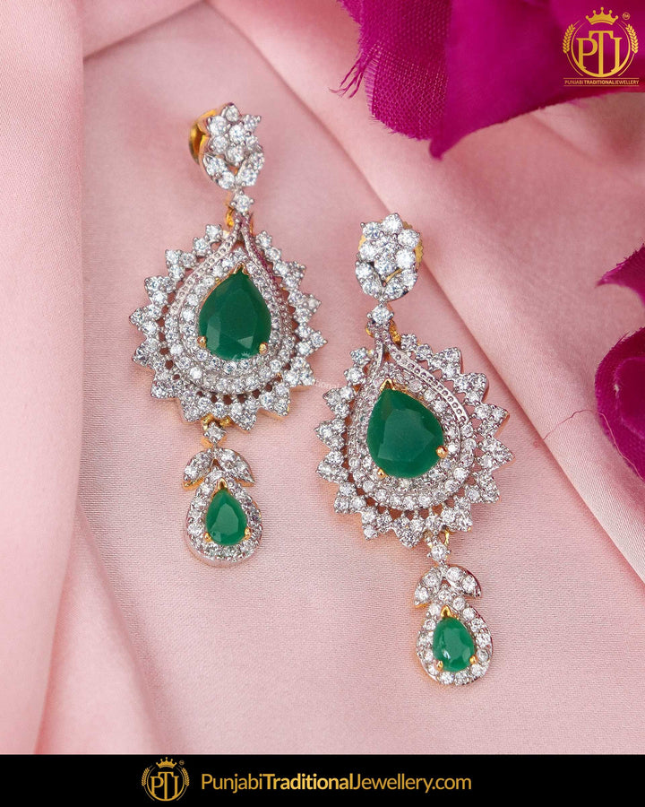 Gold Finished Emerald Amrican Diamond Earrings | Punjabi Traditional Jewellery Exclusive