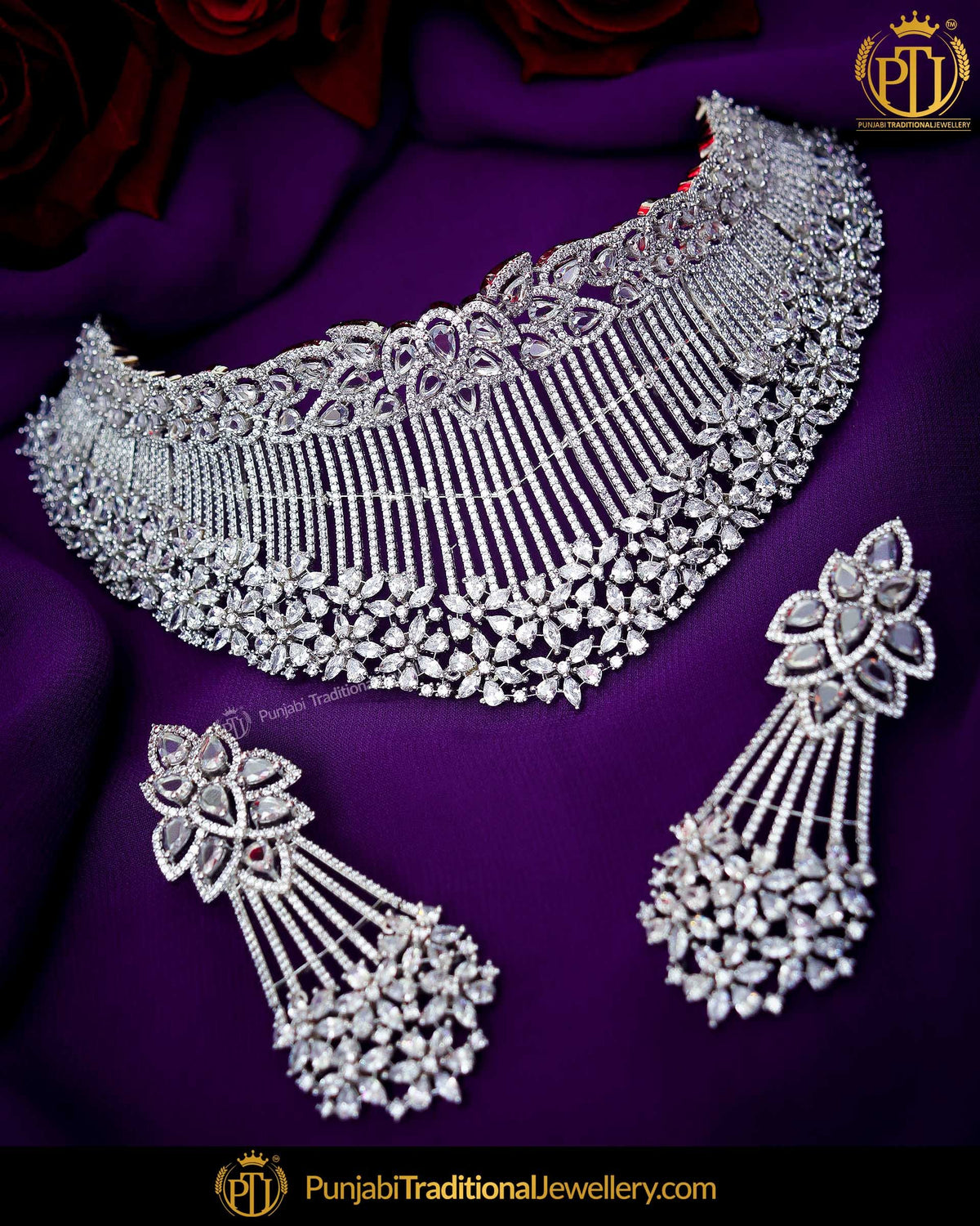 Gold Finished Amrican Diamond Bridal Choker Necklace Set  | Punjabi Traditional Jewellery Exclusive