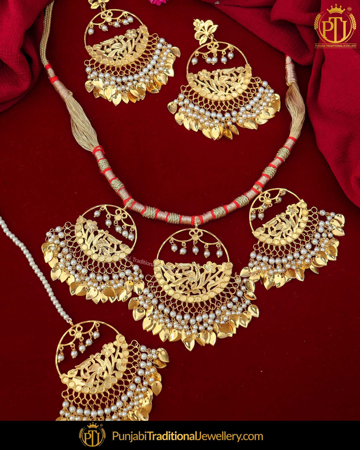 Gold Finished Pippal Patti Patra Pearl Necklace Set | Punjabi Traditional Jewellery Exclusive
