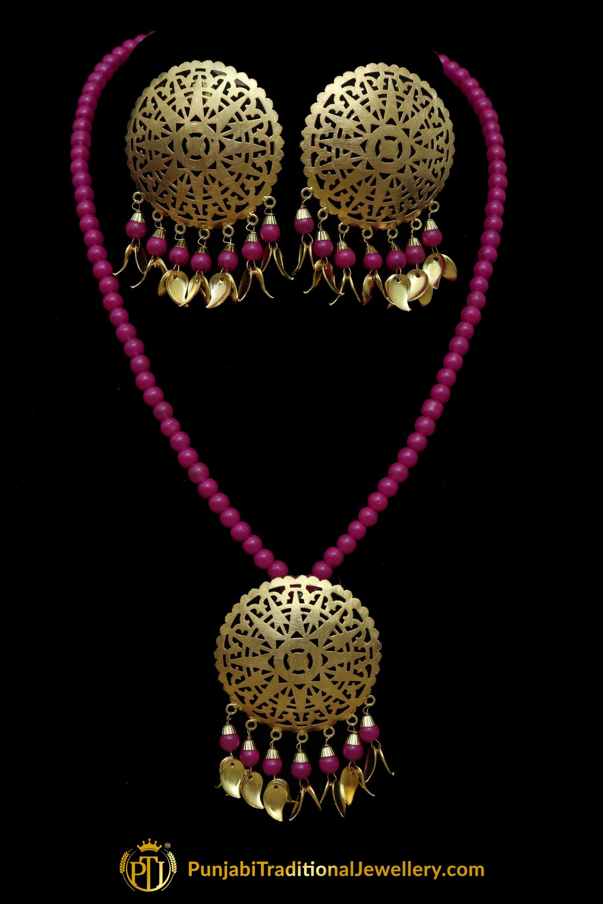 Imsaal Pearl Pink Pippal Patti Necklace & Stud Earrings | Punjabi Giddha Jewellery | Punjabi Traditional Jewellery Exclusive