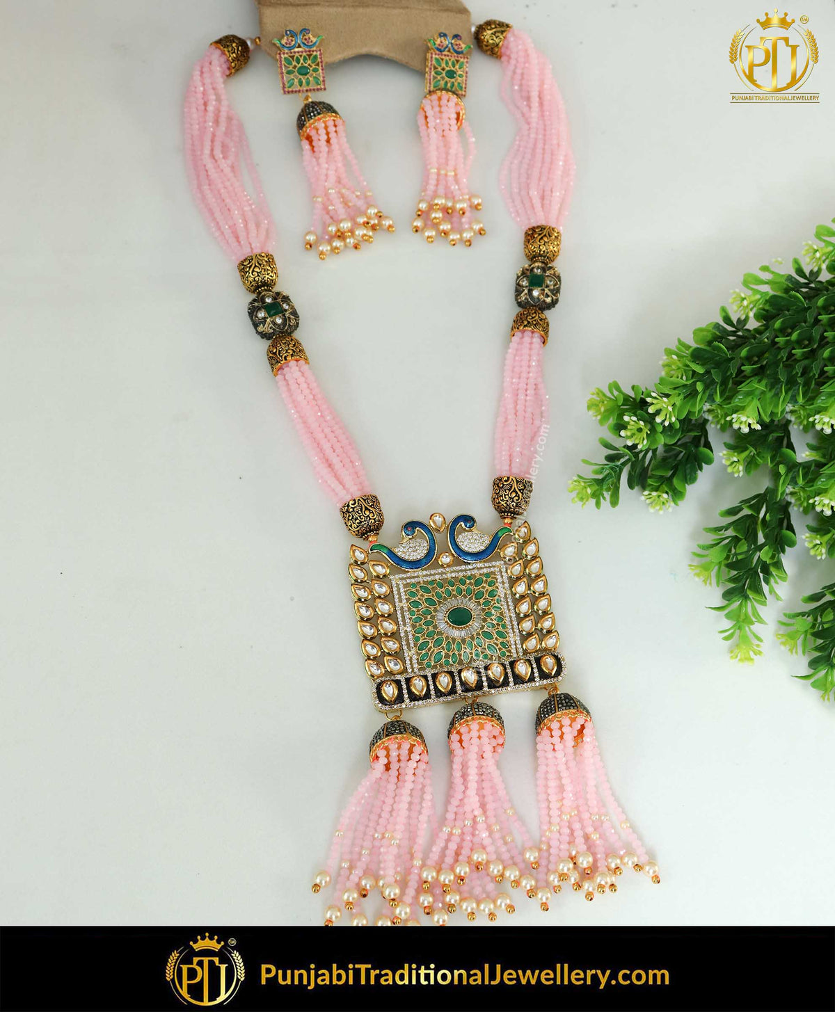 Baby Pink Mugal Crystal Peacock Pearl Mala Necklace Set | Punjabi Traditional Jewellery Exclusive