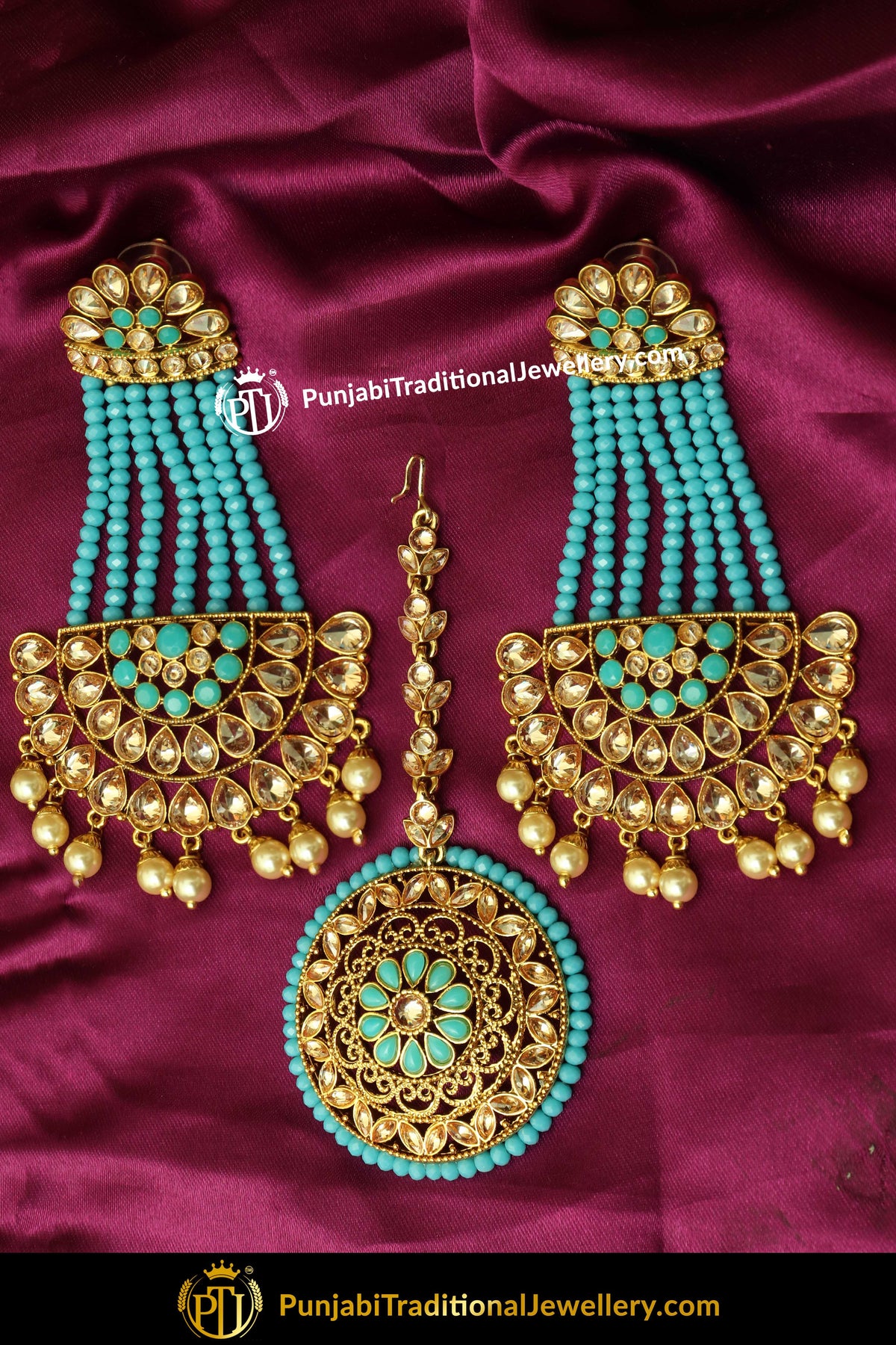 Bahira Gold Finished Firozi Chamapgne Stone Earring Tikka Set | Punjabi Traditional Jewellery Exclusive