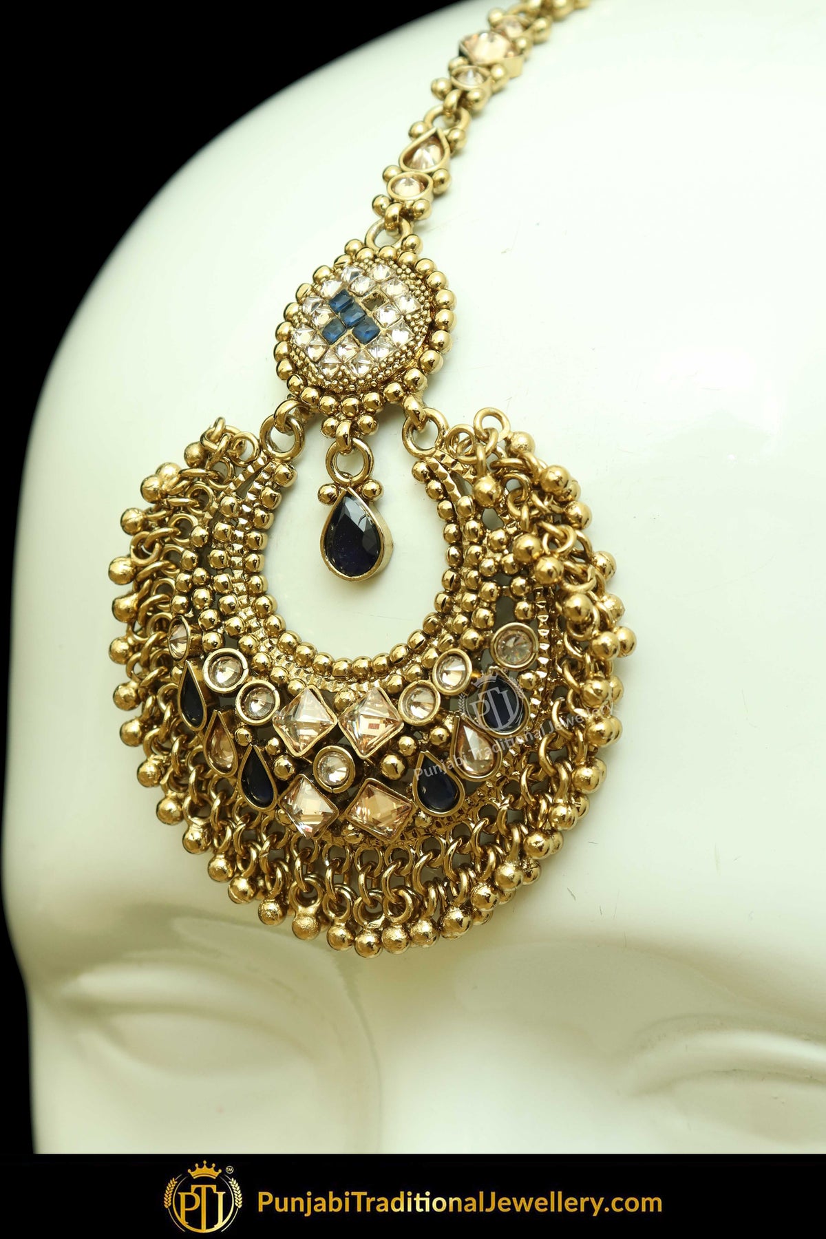 Antique Gold Finised Champagne Stone Blue Earring Tikka Set By Punjabi Traditional Jewellery