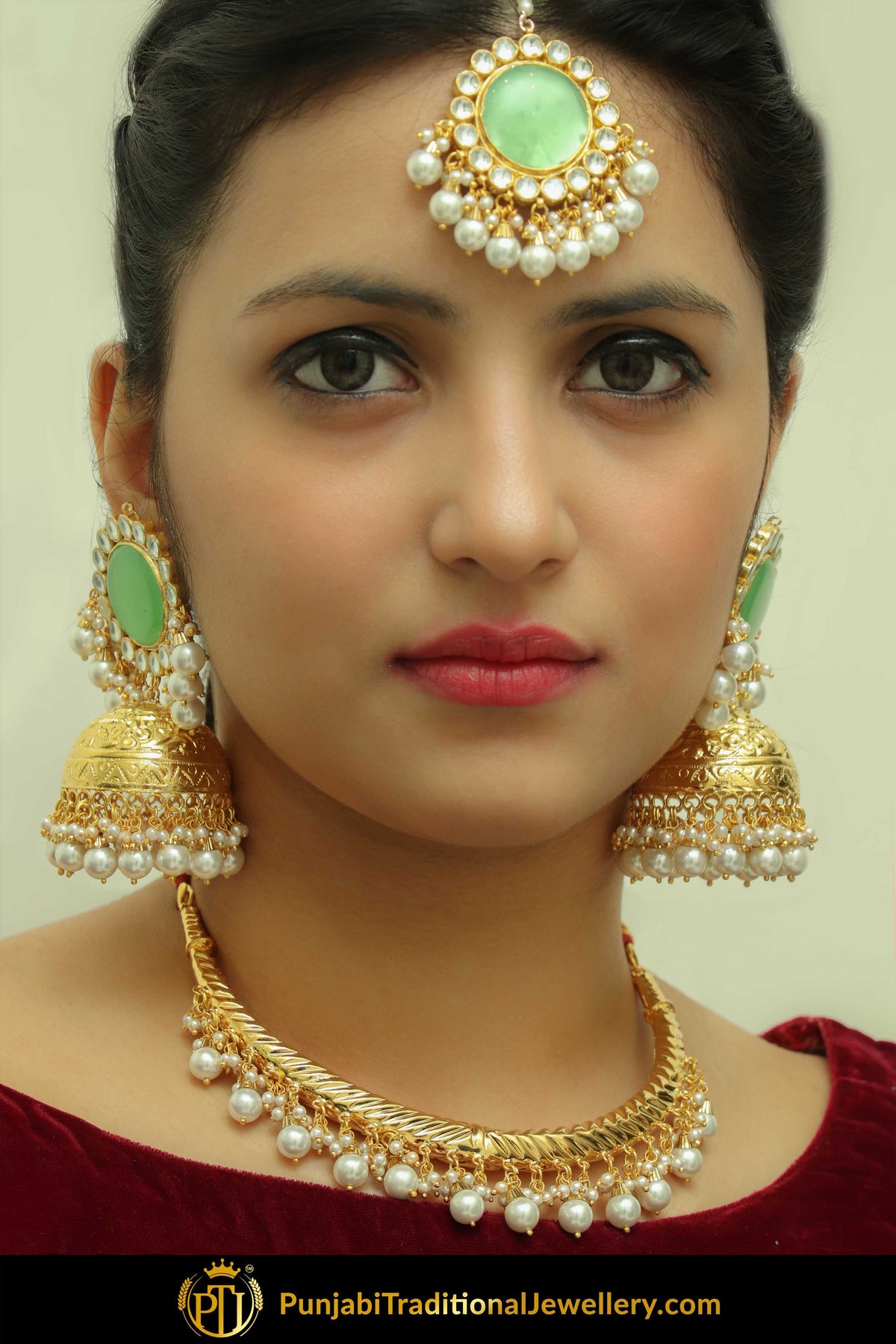 Arditi Gold Finished New Jade Hasli Necklace, Tikka & Earrings | Punjabi Traditional Jewellery Exclusive