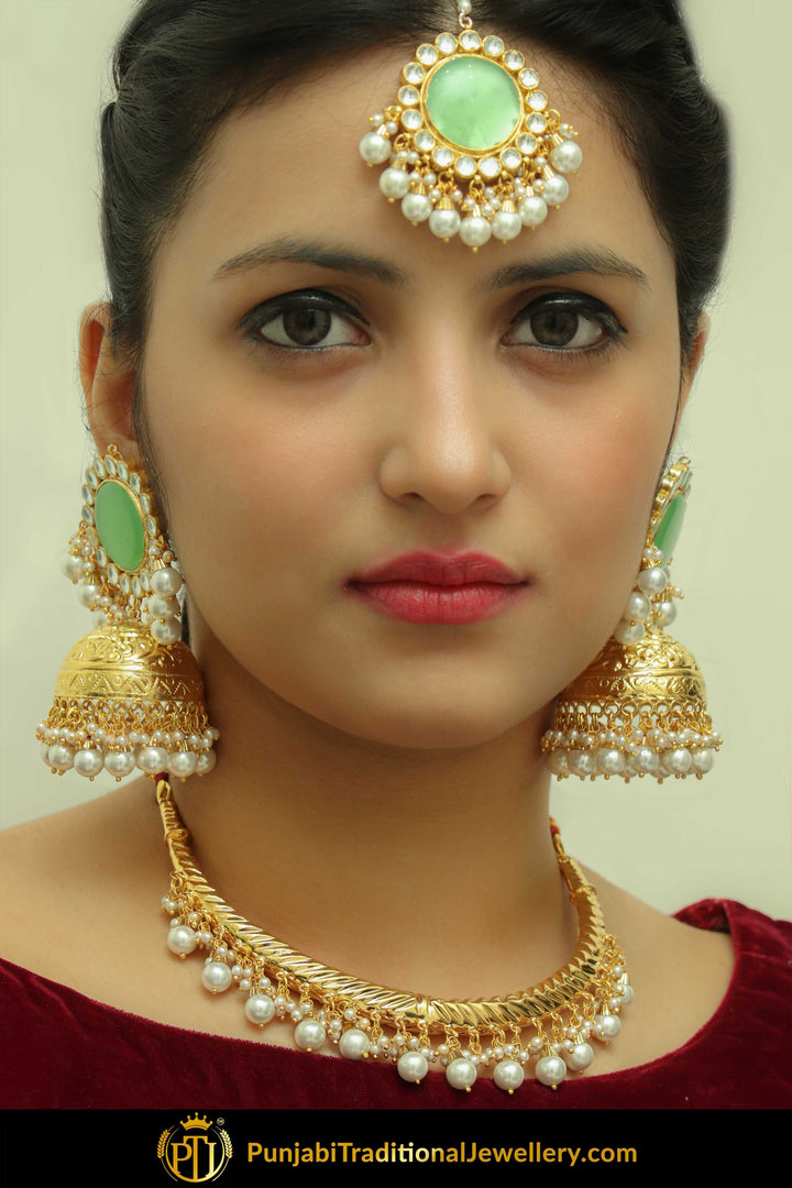 Arditi Gold Finished New Jade Hasli Necklace, Tikka & Earrings | Punjabi Traditional Jewellery Exclusive