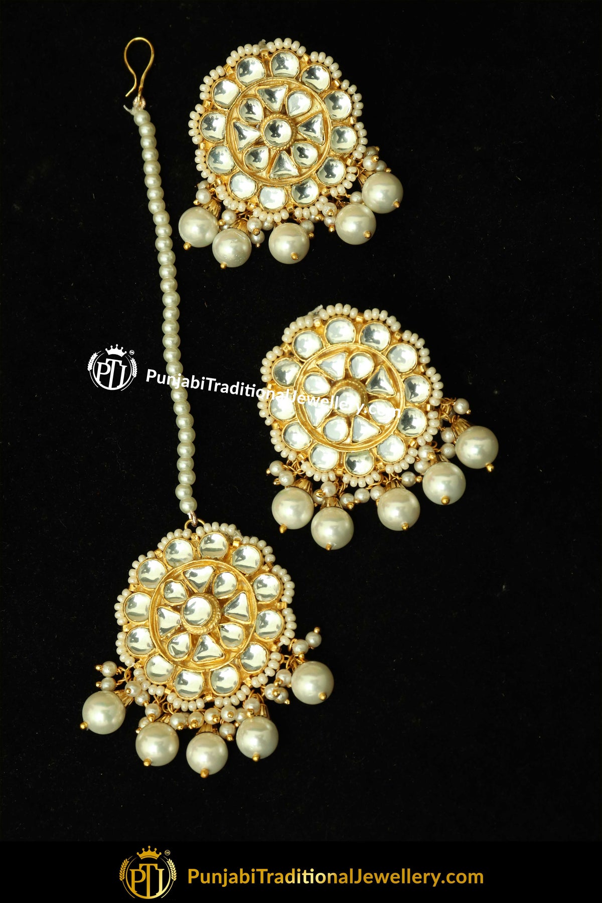 Gold Finished Pearl Stud Earring Tikka Set | Punjabi Traditional Jewellery Exclusive