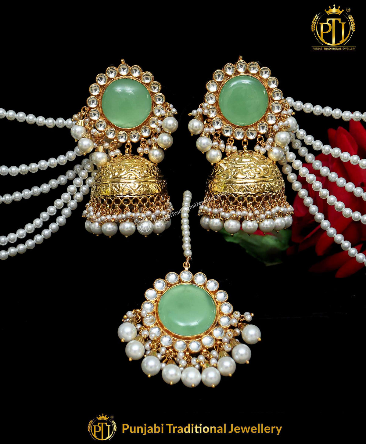 New Jade Stud Jhumki Kundan Pearl Sahare Earrings & Tikka  | Punjabi Traditional Jewellery Exclusive