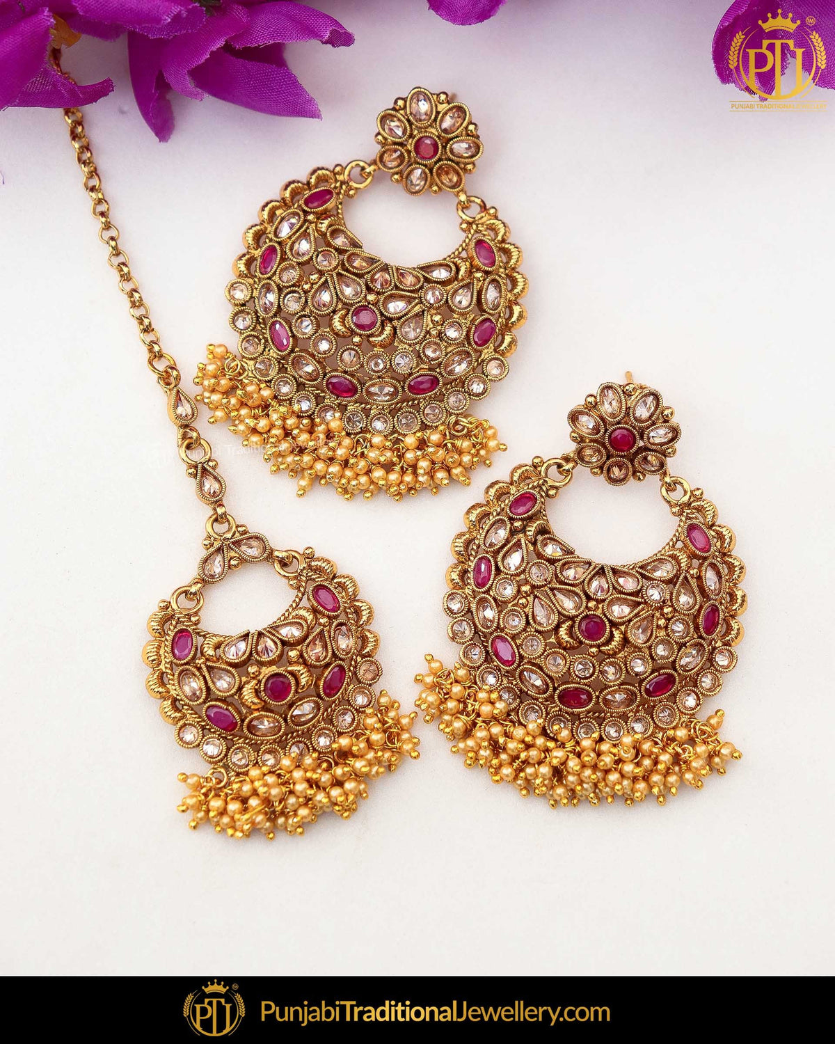 Gold Finished Maroon Chamapgne Stone Earring Tikka Set | Punjabi Traditional Jewellery Exclusive