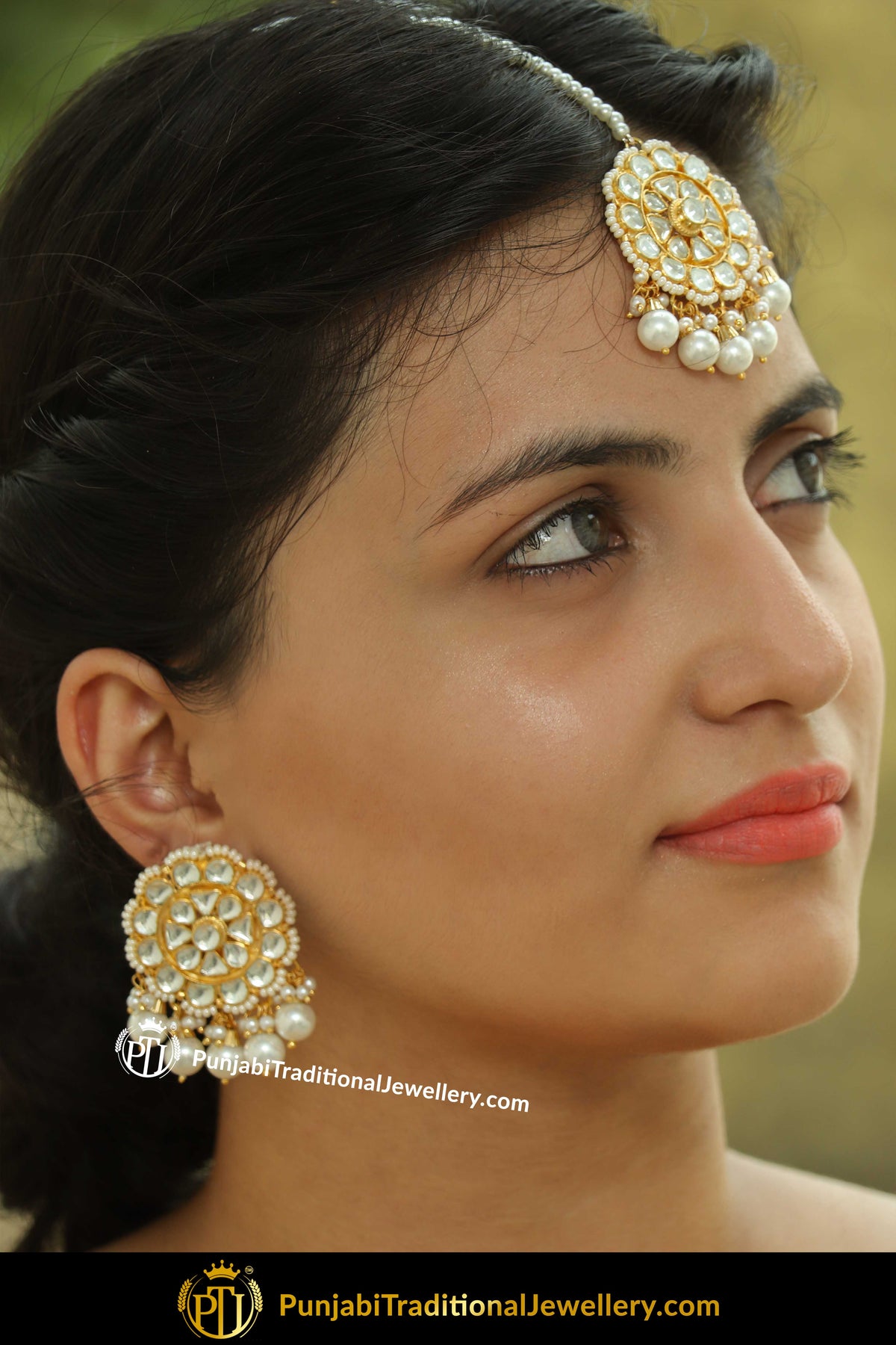 Khalisah Gold Finished Pearl Kundan Stud Earring Tikka Set | Punjabi Traditional Jewellery Exclusive