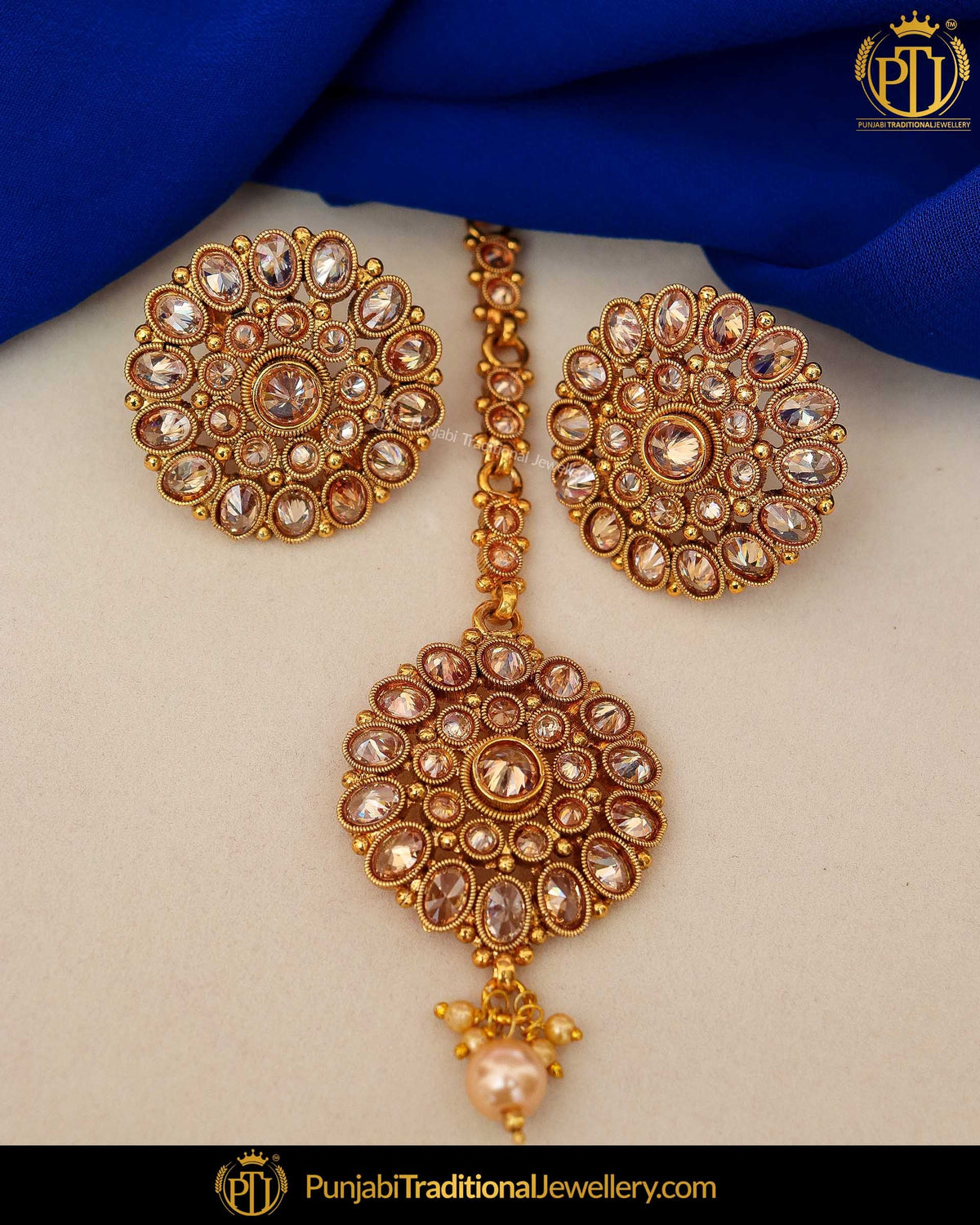 Gold Finished Chamapgne Stone Pearl Stud Earrings & Tikka | Punjabi Traditional Jewellery Exclusive