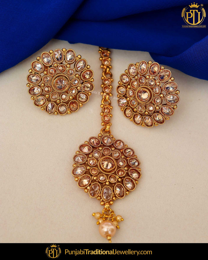 Gold Finished Chamapgne Stone Pearl Stud Earrings & Tikka | Punjabi Traditional Jewellery Exclusive