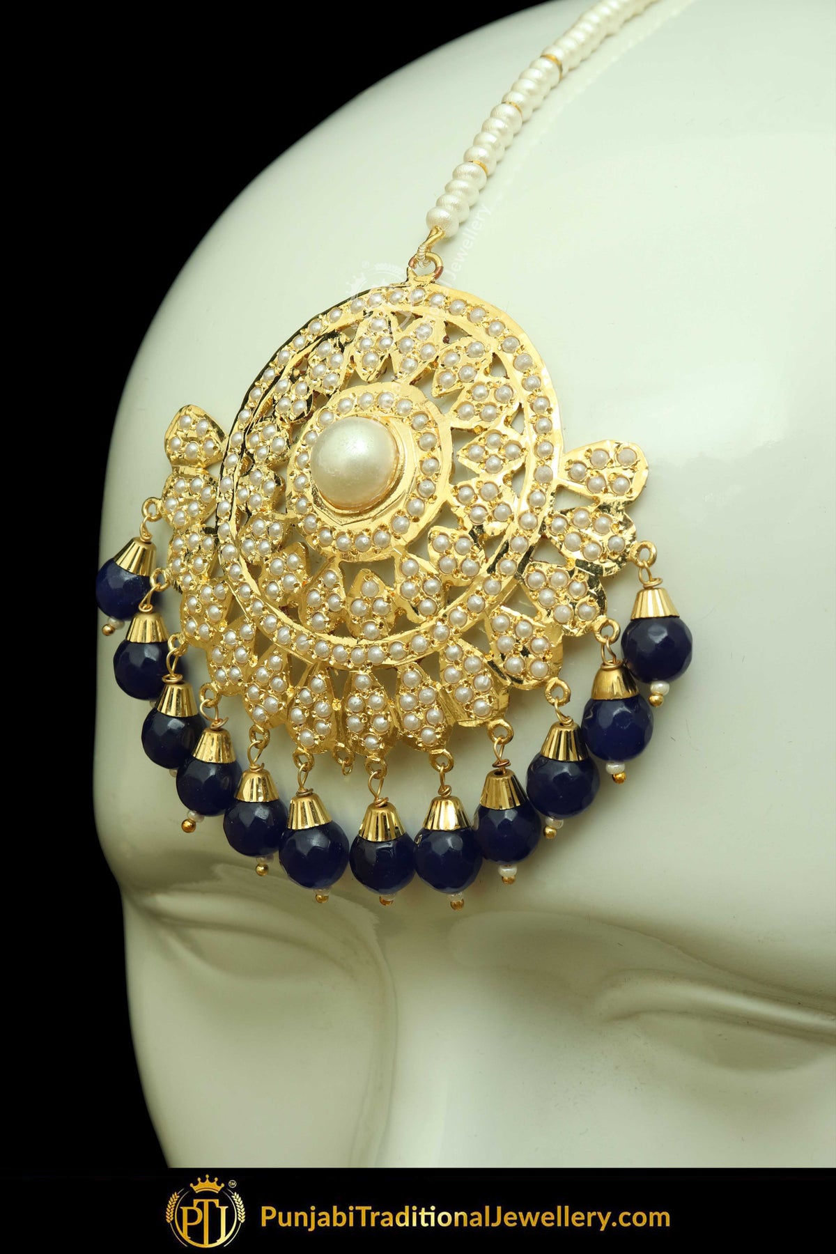 Gold Finished Blue Jadau Pearl Earring Tikka Set | Punjabi Traditional Jewellery Exclusive