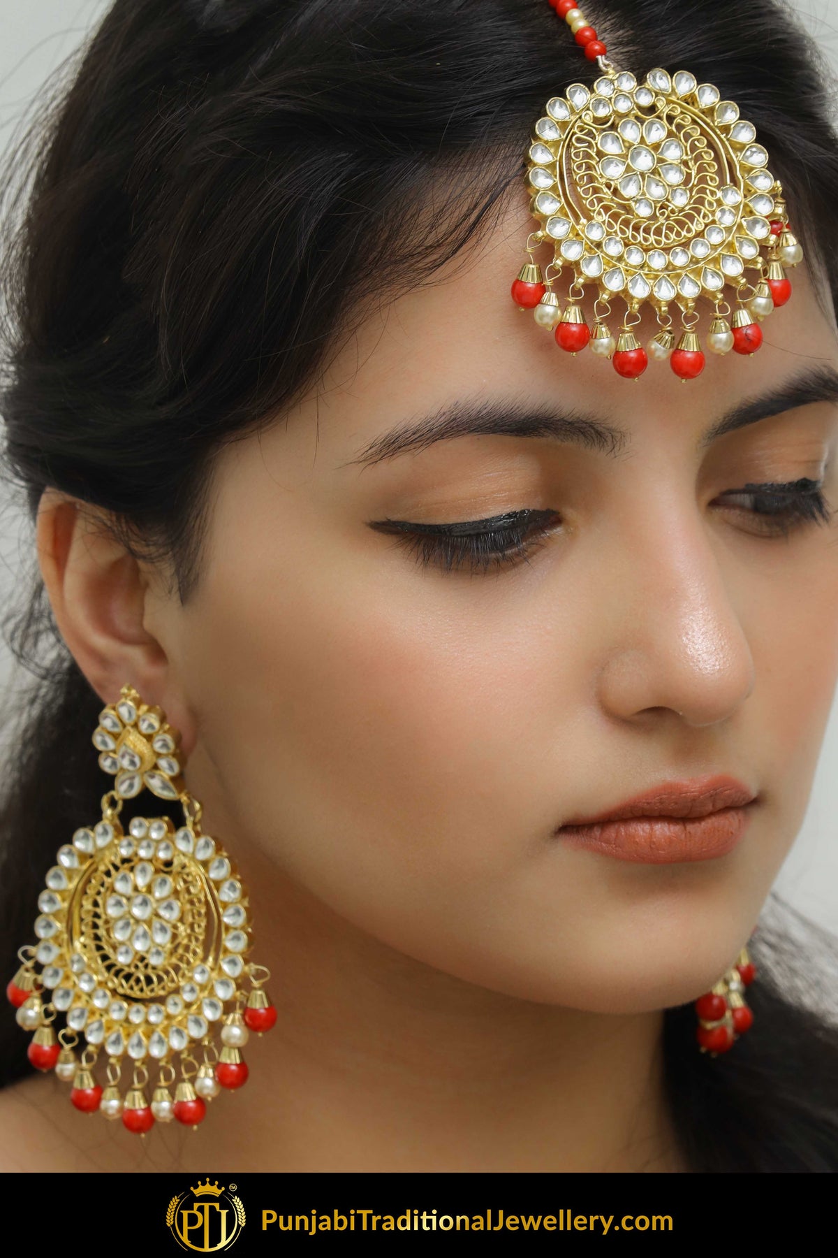 Badriyah Red Kundan Earring Tikka Set  | Punjabi Traditional Jewellery Exclusive