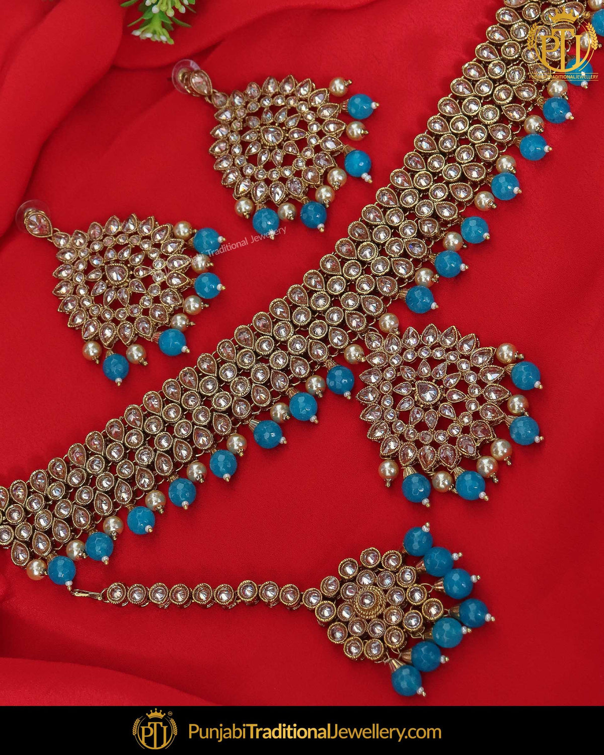 Gold Finished Firozi Chamapgne Stone Pearl Choker Necklace Set | Punjabi Traditional Jewellery Exclusive