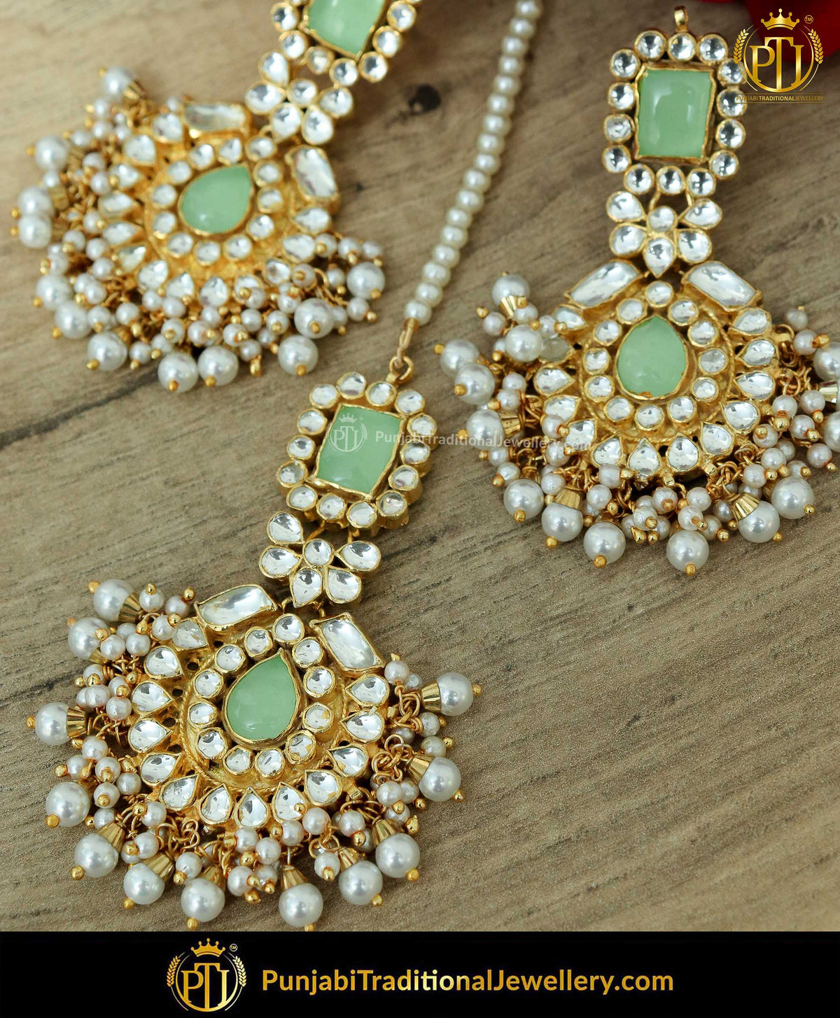 Gold Finished New Jade Pearl Kundan Earrings & Tikka Set | Punjabi Traditional Jewellery Exclusive