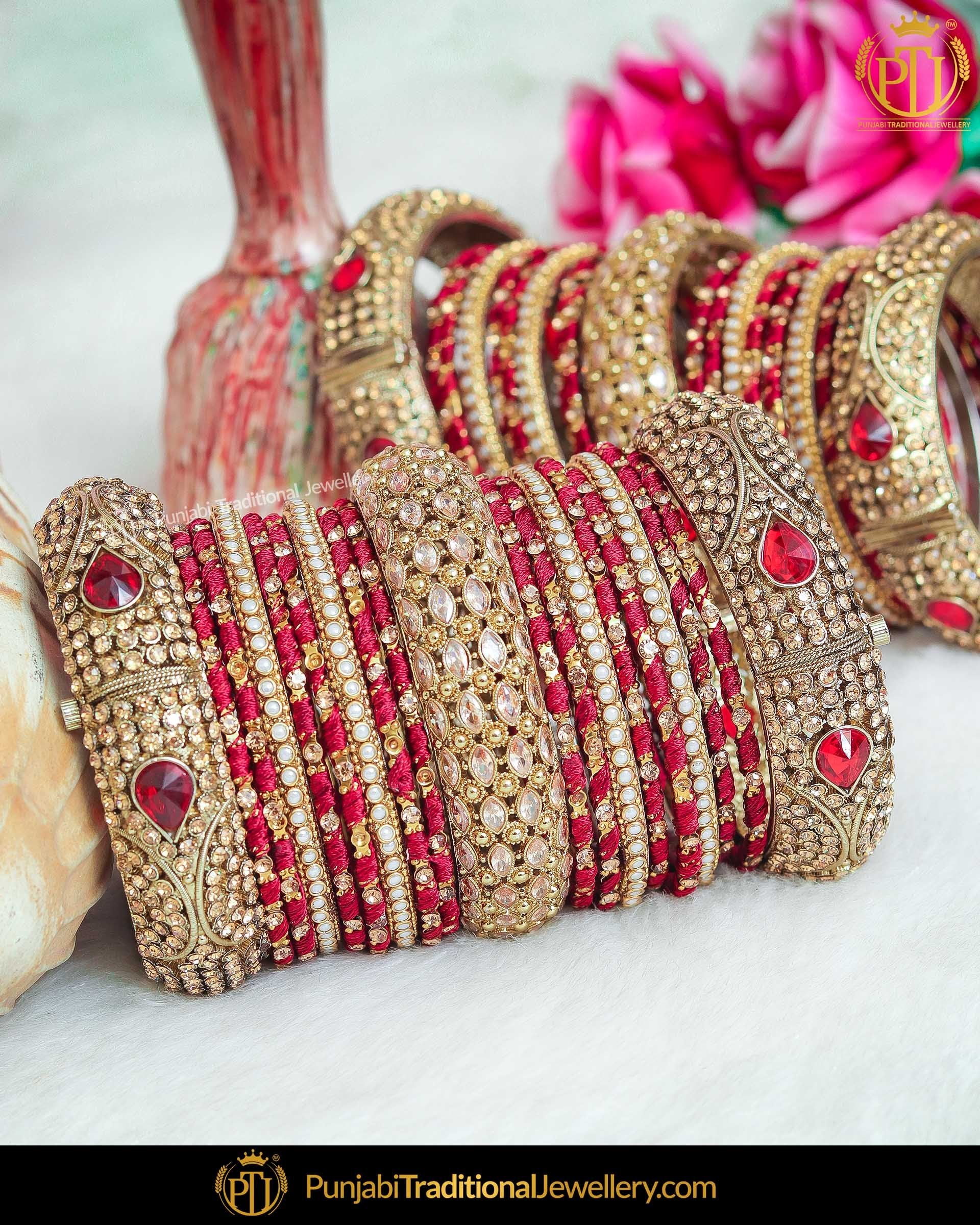 Maroon thread champagne stone bangles set (Both Hand Pair) | Punjabi Traditional Jewellery Exclusive