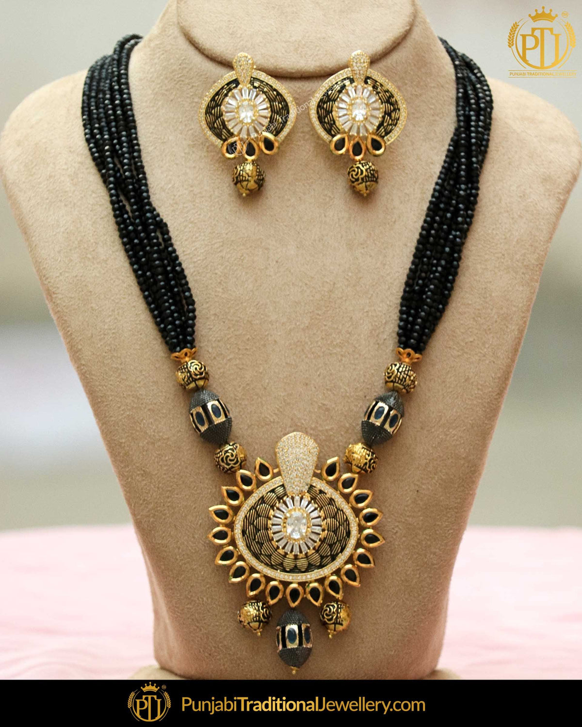 Gold Finished Black Pearl Kundan Mala Necklace Set | Punjabi Traditional Jewellery Exclusive