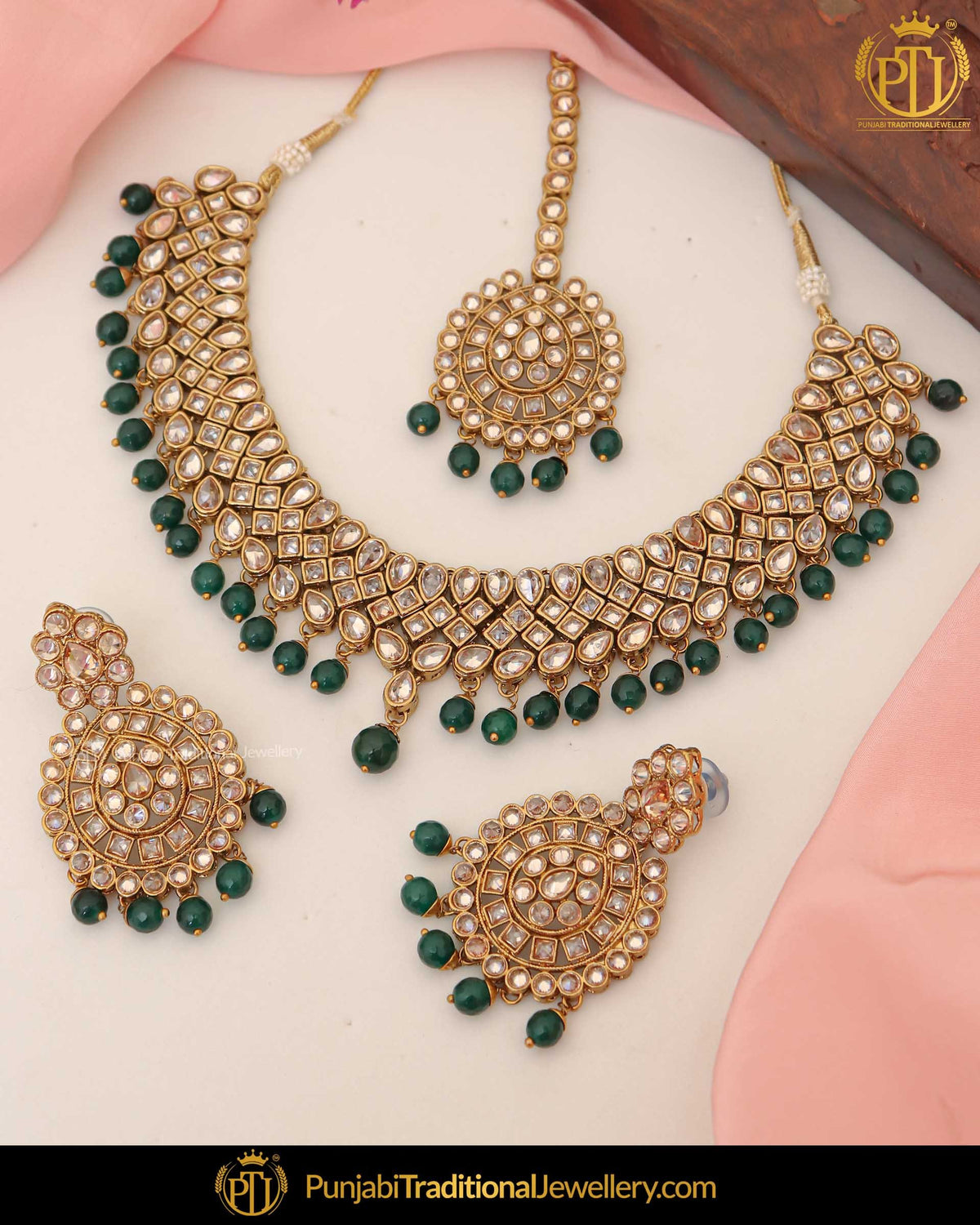 Gold Finished Champagne Stone Green Pearl Necklace Set | Punjabi Traditional Jewellery Exclusive