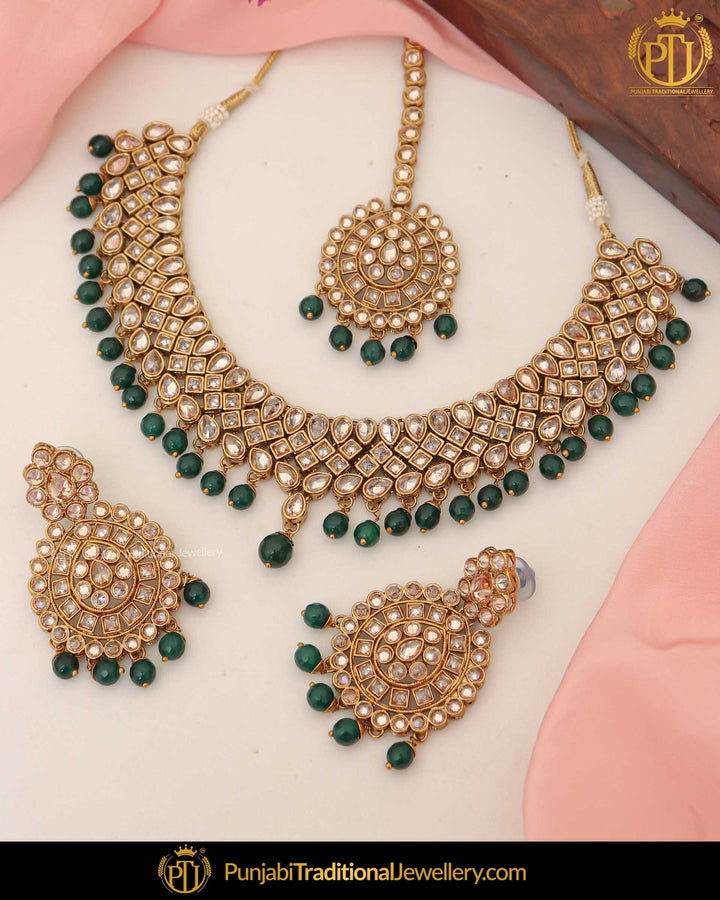 Gold Finished Champagne Stone Green Pearl Necklace Set | Punjabi Traditional Jewellery Exclusive