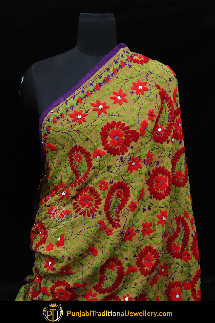 Red & Green Color Pure Phulkari Dupatta By Punjabi Traditional Jewellery