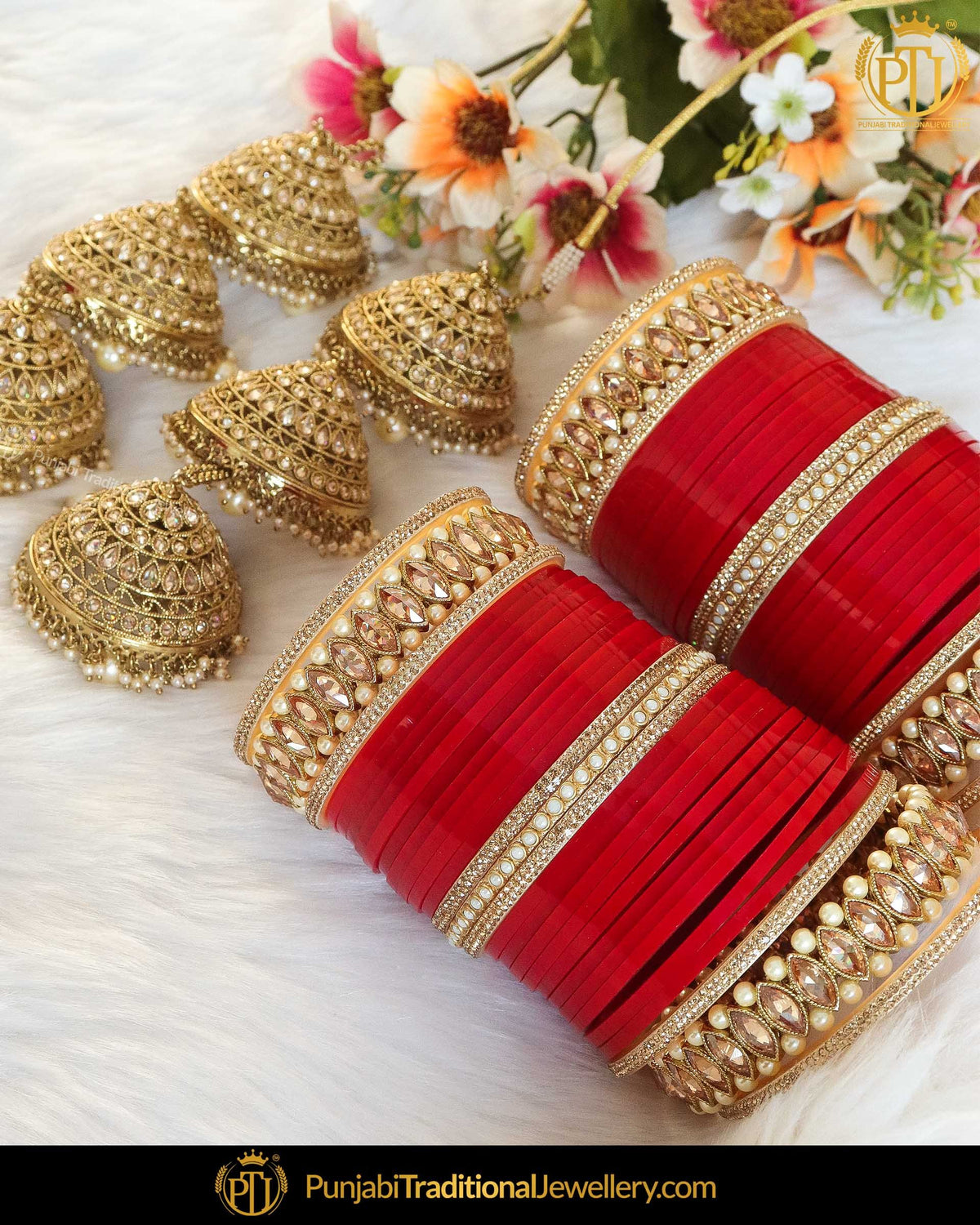 .Champagne Stone Red Bridal Chura & Kalire | Punjabi Traditional Jewellery Exclusive