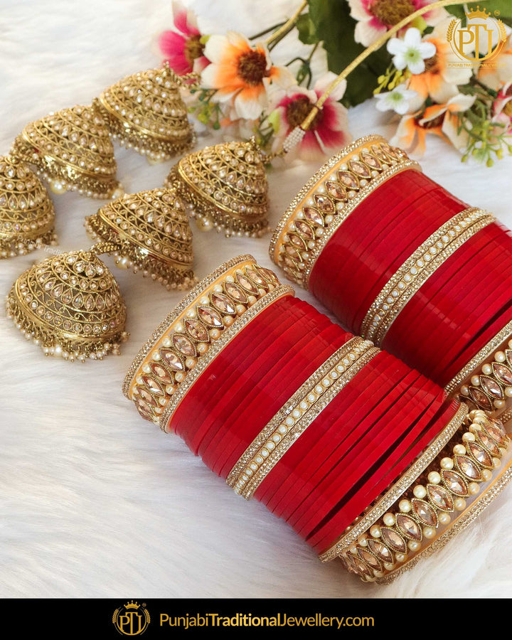 .Champagne Stone Red Bridal Chura & Kalire | Punjabi Traditional Jewellery Exclusive