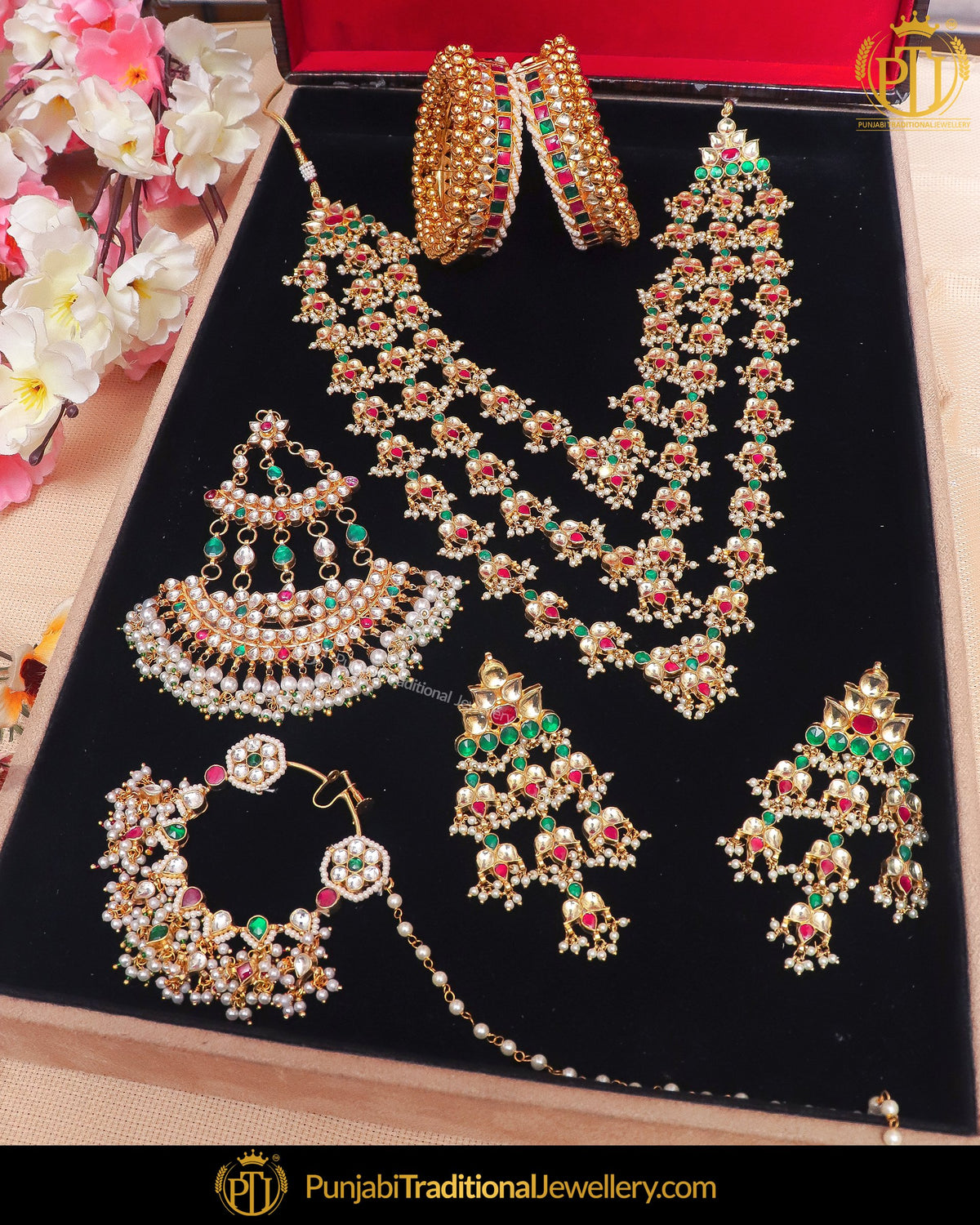 Gold Finished Kundan Green Red Choker Bridal Necklace Set & Openable Pair Bangle Set (Both Hand Pair), Passa, Nath | Punjabi Traditional Jewellery Exclusive