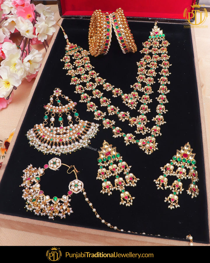 Gold Finished Kundan Green Red Choker Bridal Necklace Set & Openable Pair Bangle Set (Both Hand Pair), Passa, Nath | Punjabi Traditional Jewellery Exclusive