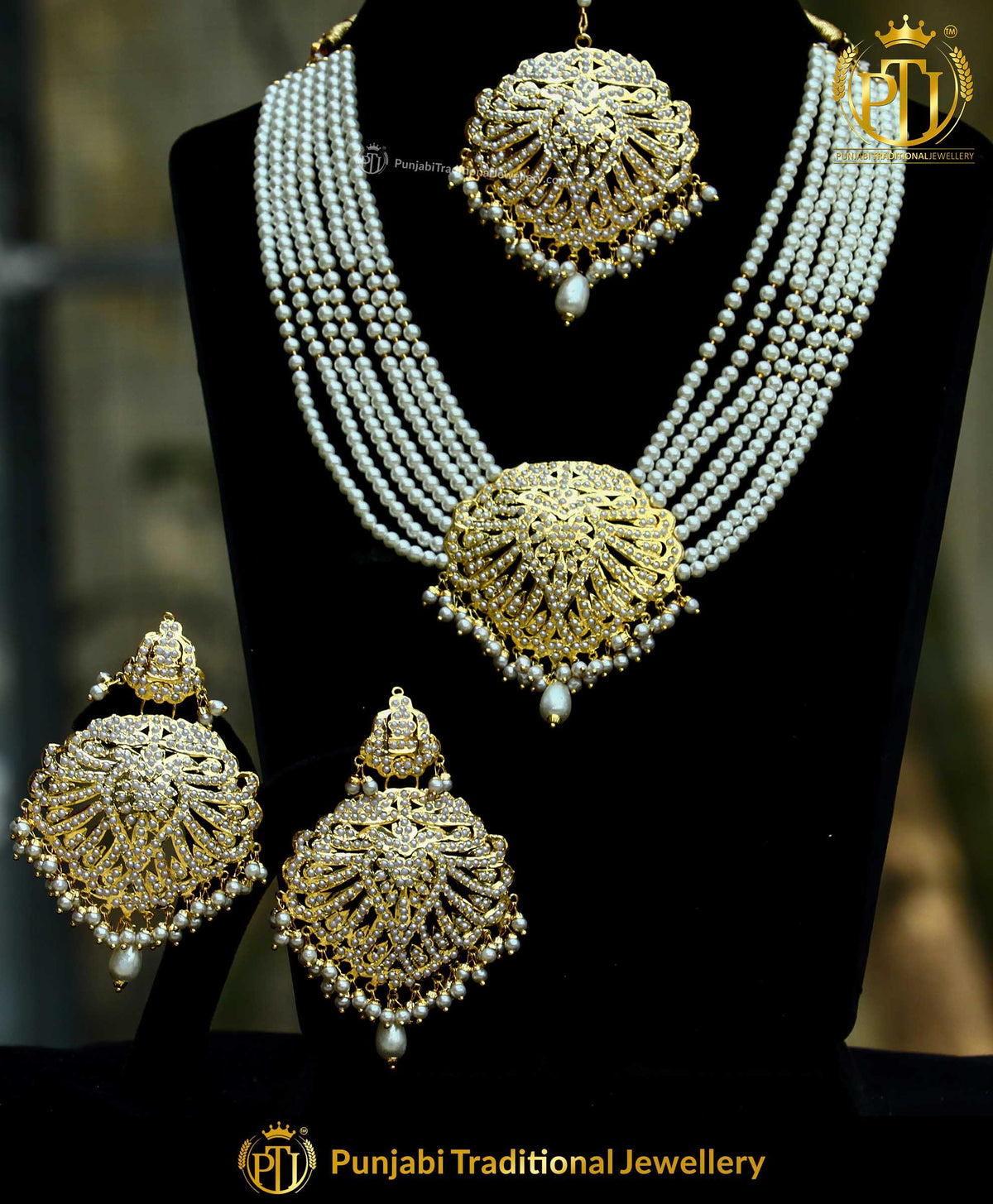 Gold Finished Jadau Pearl Necklace Set | Punjabi Traditional Jewellery Exclusive