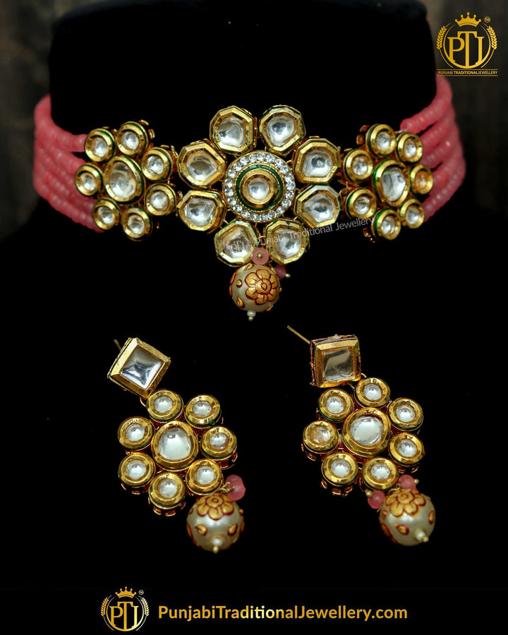 Pink Meena Hand-Painted Kundan Pearl Choker Set | Punjabi Traditional Jewellery Exclusive
