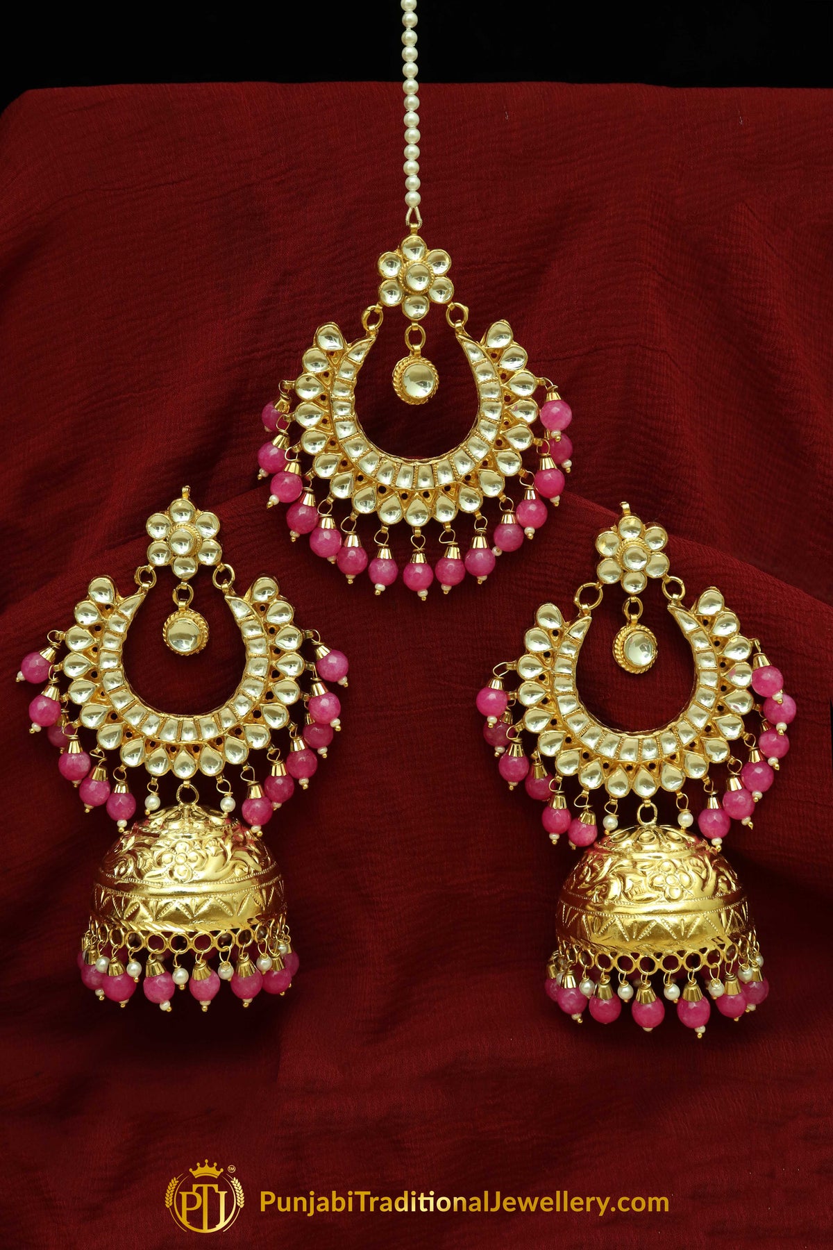 Iftin Gold Finished Pearl Pink Jhumki Kundan Earring Tikka Set | Punjabi Traditional Jewellery Exclusive