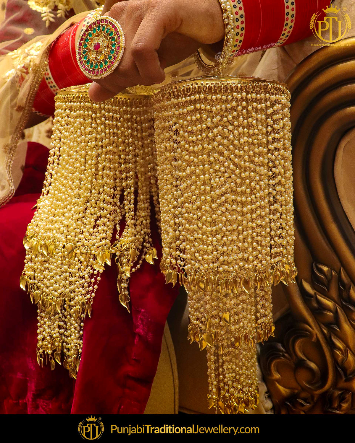 Gold Finished Chandelier Pippal Patti Pearl Bridal Kalire | Punjabi Traditional Jewellery Exclusive