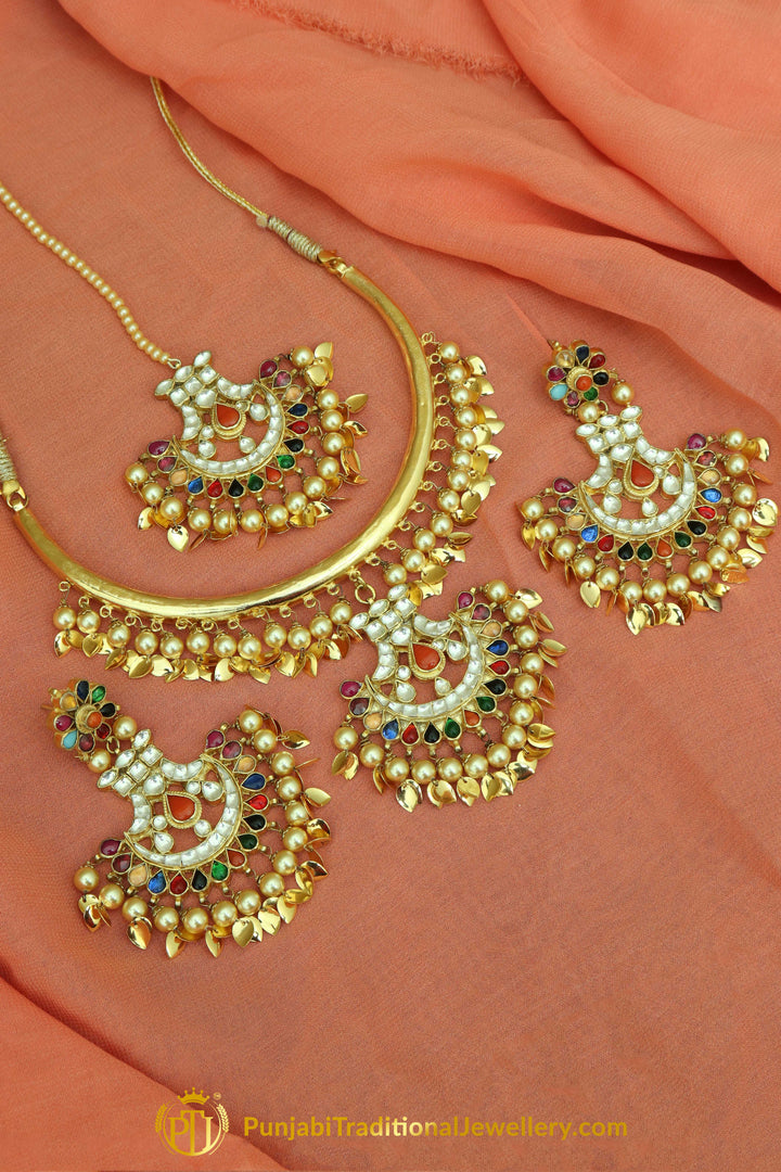 Hasinah Gold Finished Navratan Pippal Patti Hasli Necklace, Tikka & Kundan Earrings | Punjabi Traditional Jewellery Exclusive