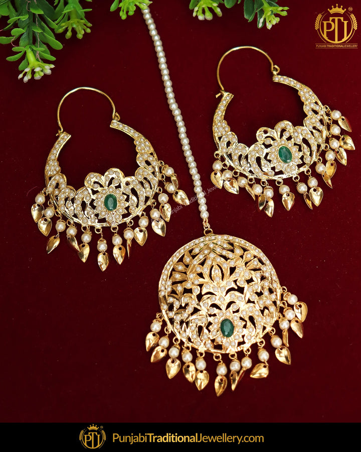 Gold Finished Emelrad Pippal Patti Jadau Pearl Earring Tikka Set | Punjabi Traditional Jewellery Exclusive