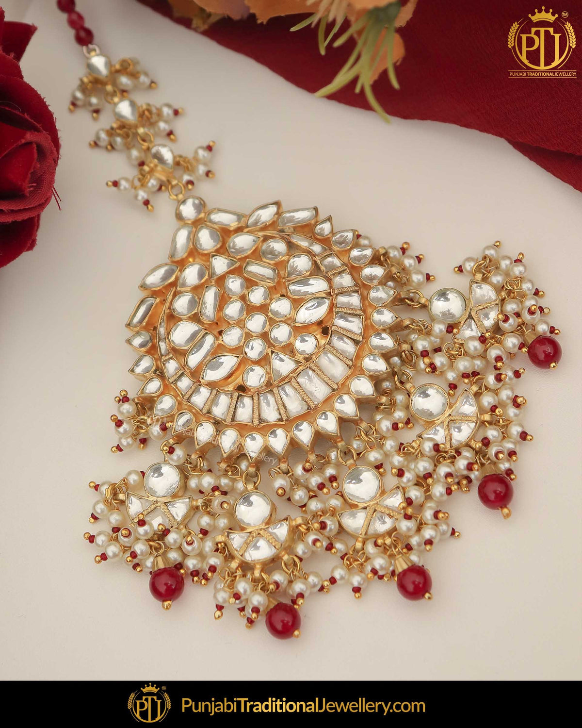 Gold Finished Kundan Red Pearl Tikka | Punjabi Traditional Jewellery Exclusive