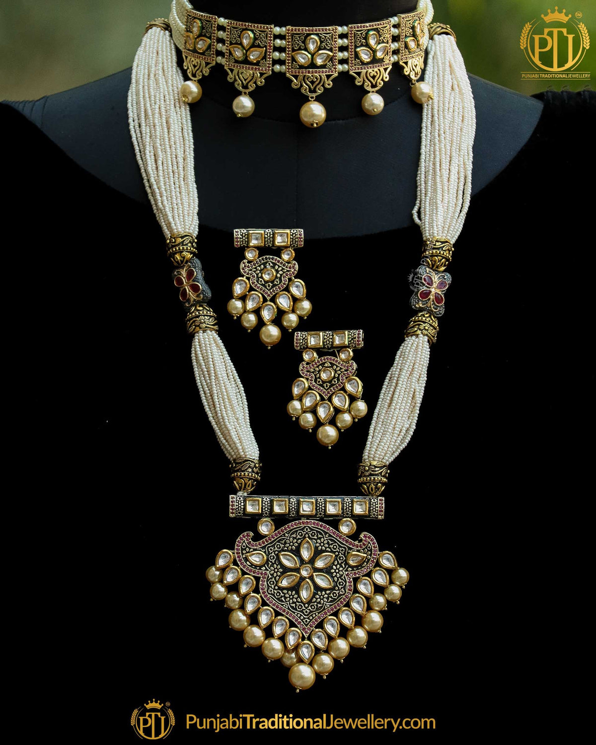 Antique Gold Finished Black Kundan Mugal Mala & Choker Necklace Set | Punjabi Traditional Jewellery Exclusive