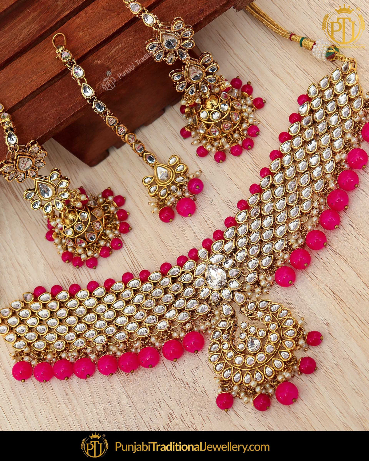 Gold Finished Pink Kundan Pearl Necklace Set | Punjabi Traditional Jewellery Exclusive