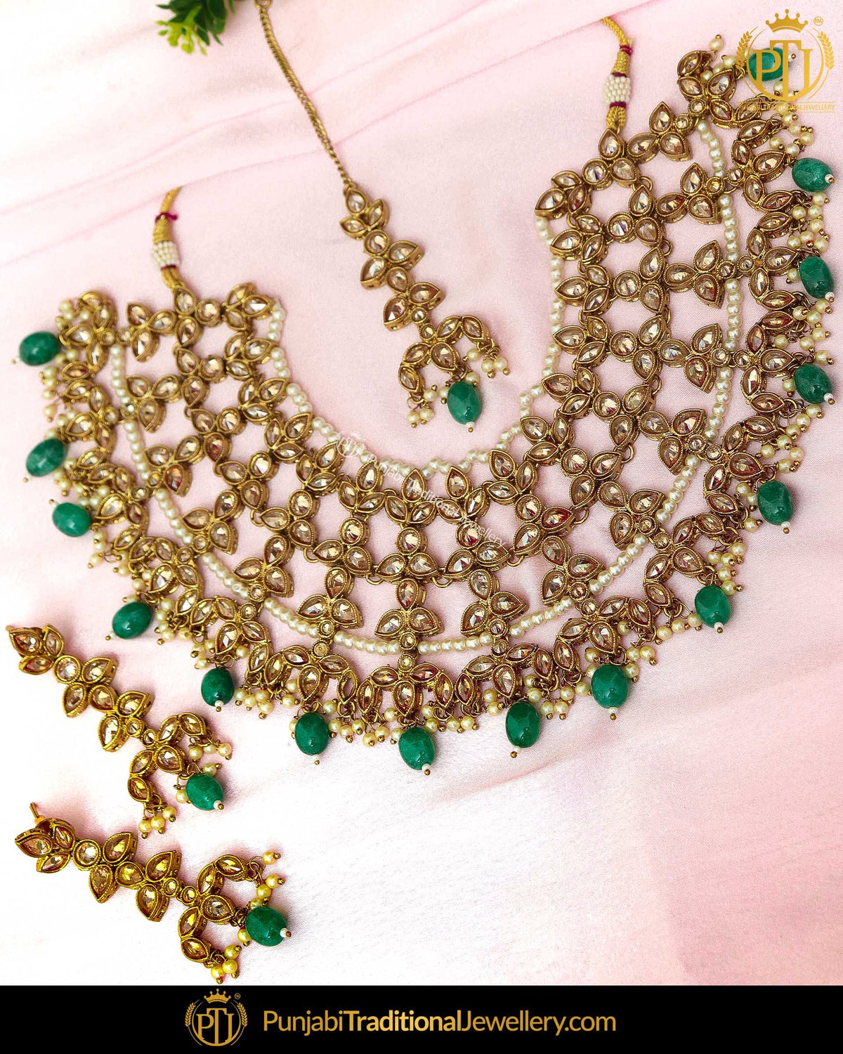 Gold Finished Champagne Stone Emerald Necklace Set | Punjabi Traditional Jewellery Exclusive