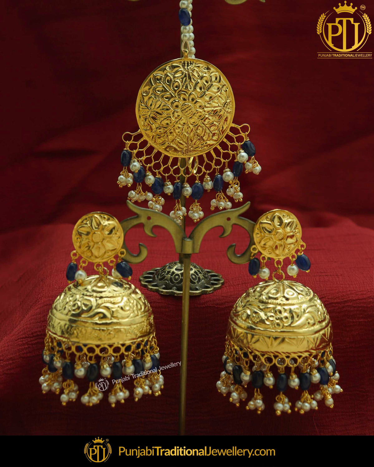 Blue Patra Pearl Jhumki Earrings & Tikka Set | Punjabi Traditional Jewellery Exclusive