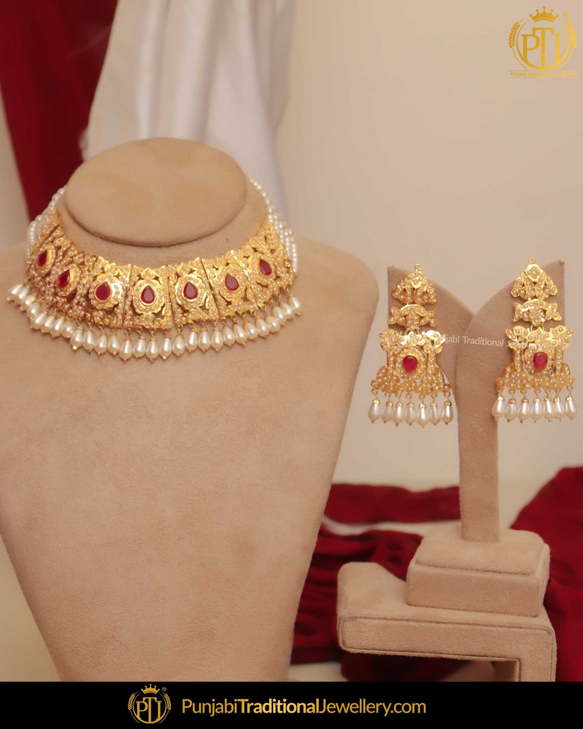 Gold Finished Rubby Pearl Necklace Set | Punjabi Traditional Jewellery Exclusive
