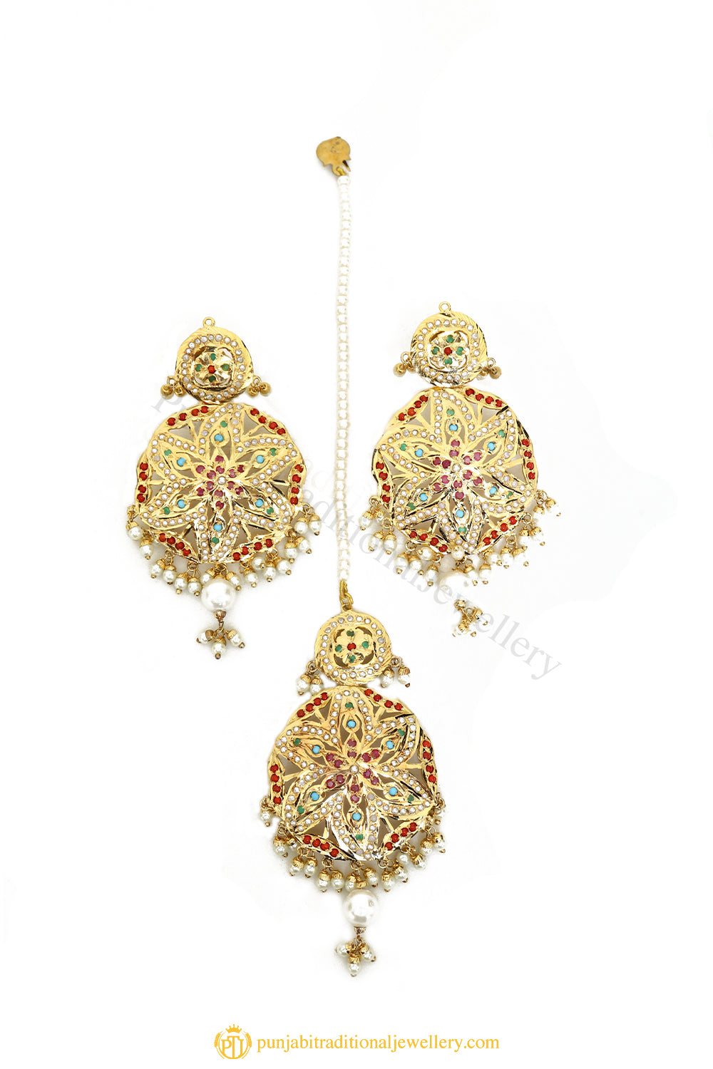 Gold Finished Earrings & Tikka Set by PTJ