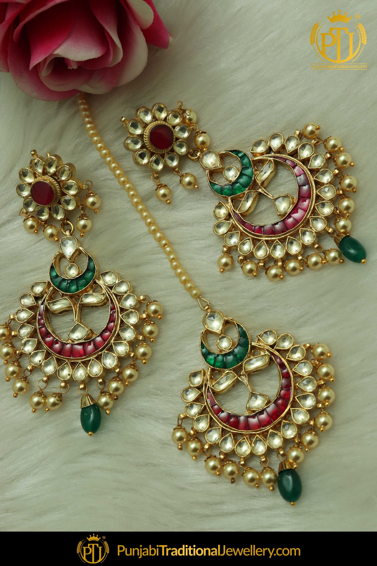 Rubby Panna Pippal Patti Kundan Earring Tikka Set | Punjabi Traditional Jewellery Exclusive
