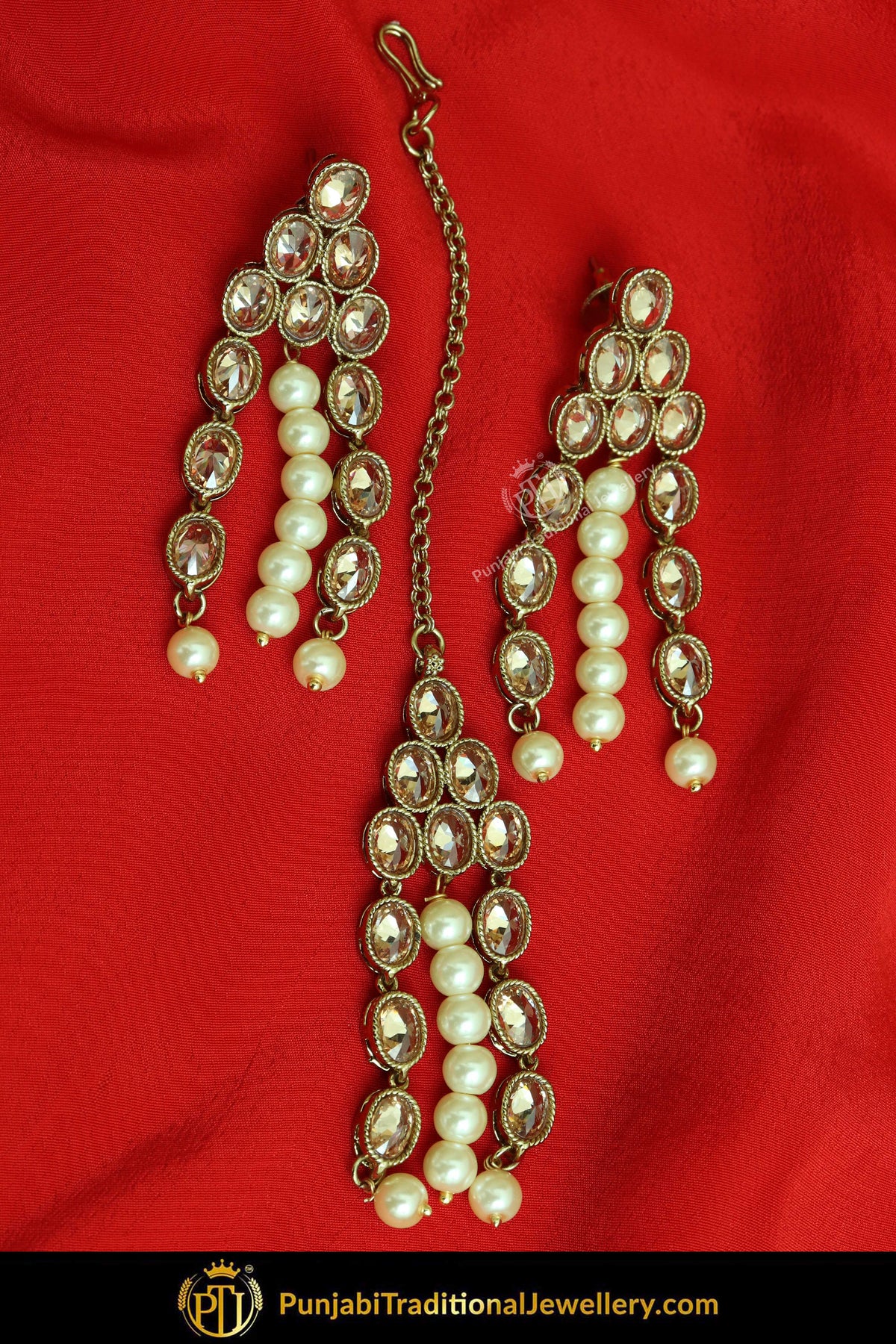 Antique Gold Finised Champagne Stone Pearl Earring Tikka Set By Punjabi Traditional Jewellery