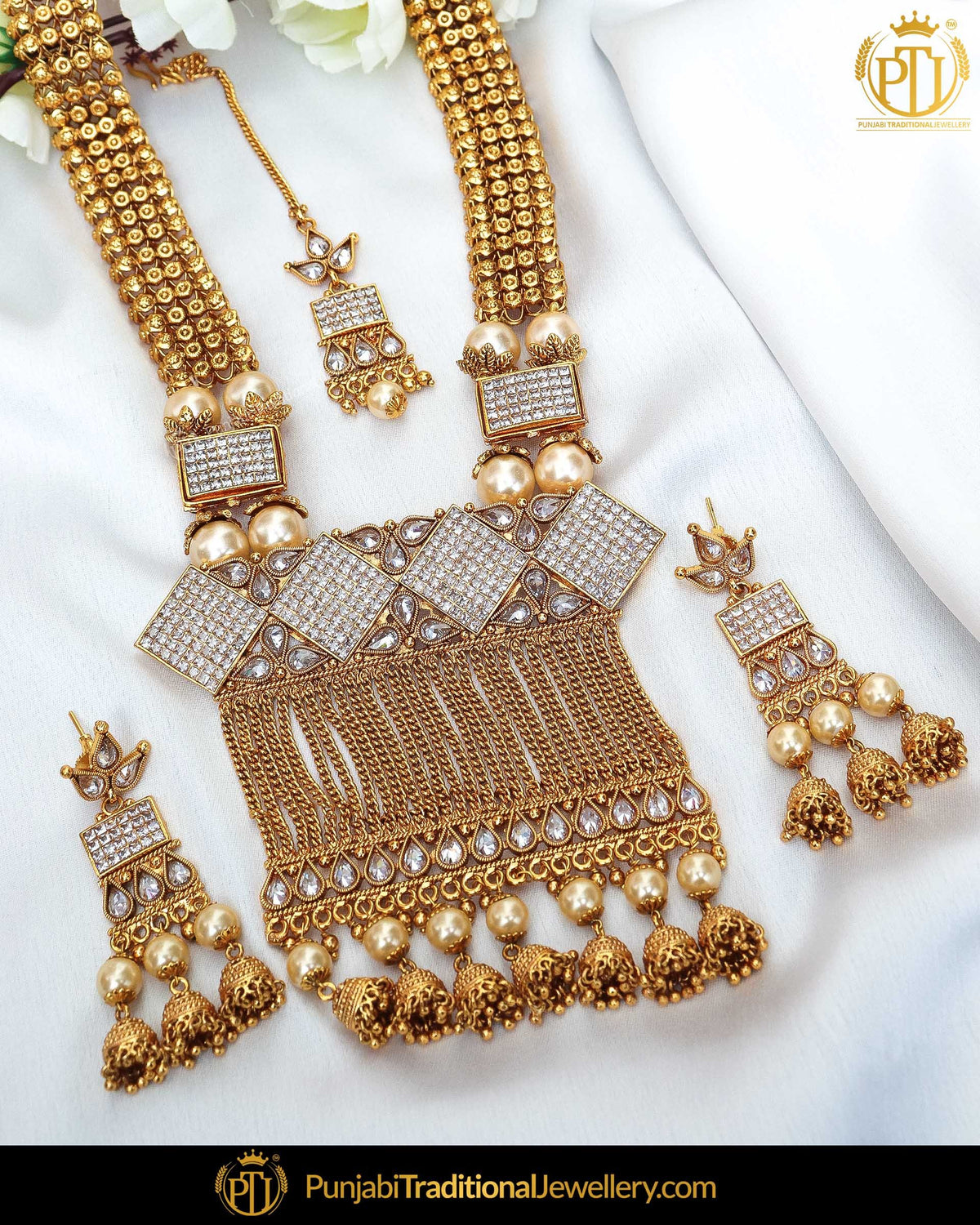 Antique Gold Finished Polki Stone Pearl Long Necklace Set | Punjabi Traditional Jewellery Exclusive