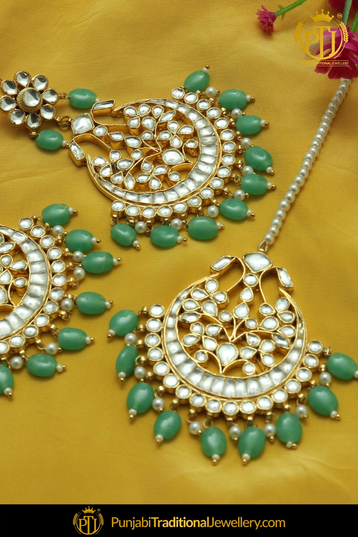 Fern Green Colour kundan earrings Earring Tikka Set | Punjabi traditional Jewellery Exclusive