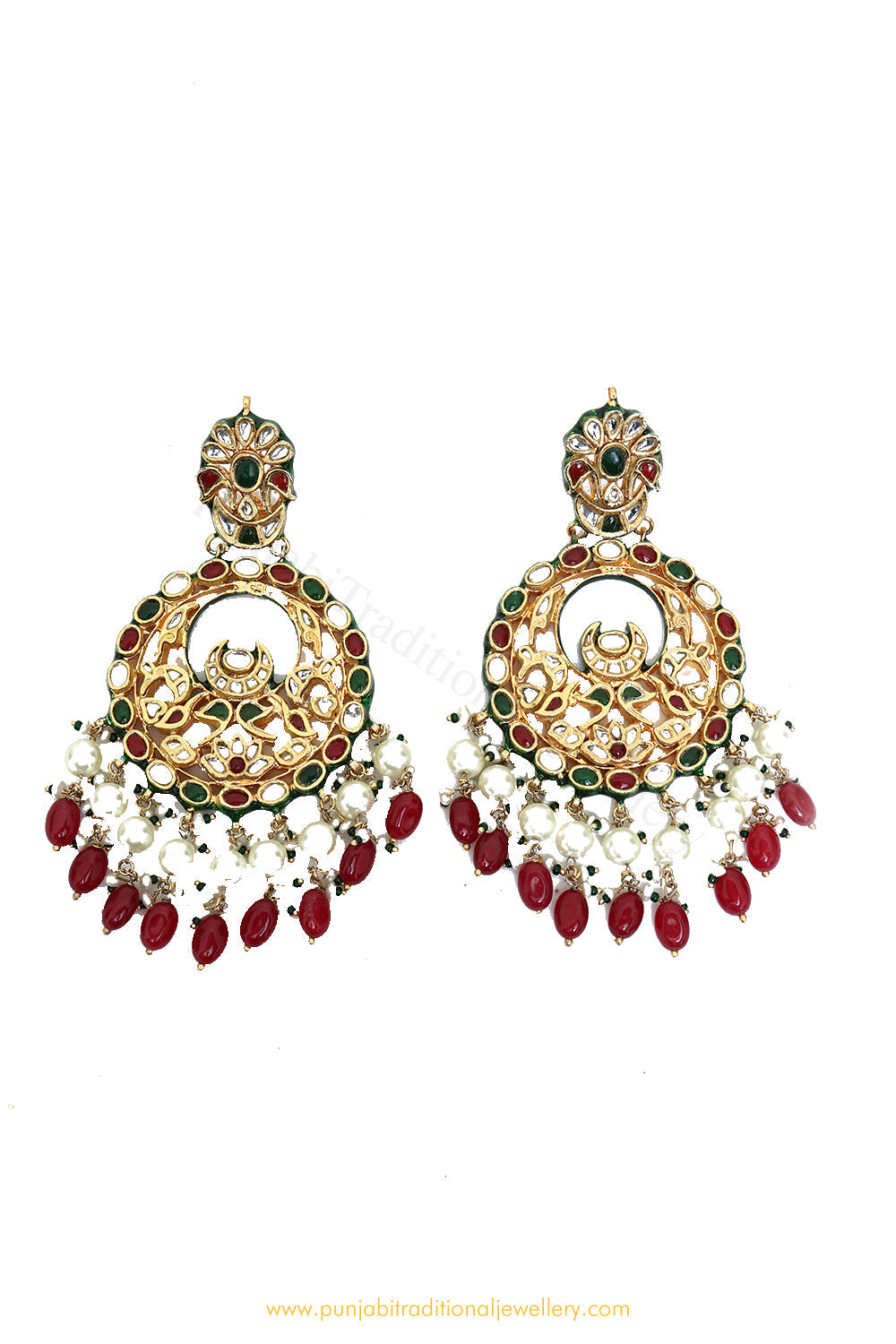 Gold Finished Semi Precious Rubby Emerald Kundan Earrings by PTJ