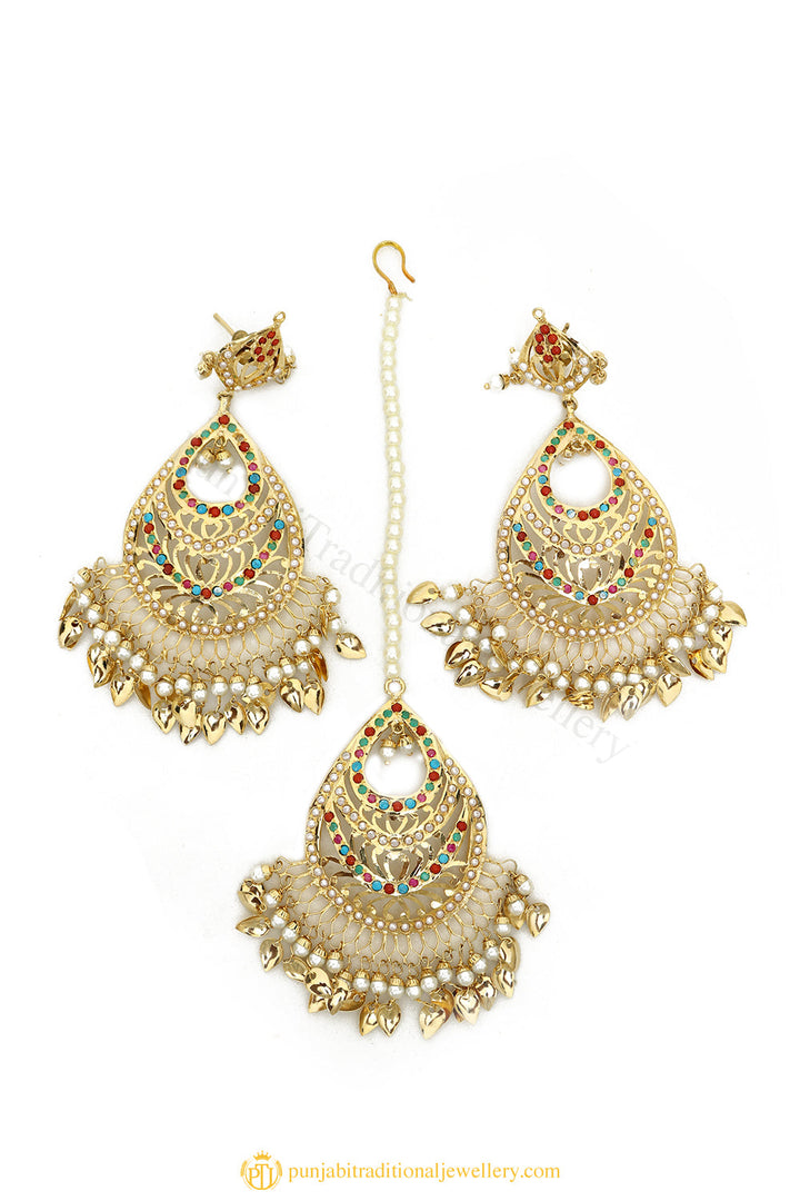 Gold Finished Earrings & Tikka Set by PTJ