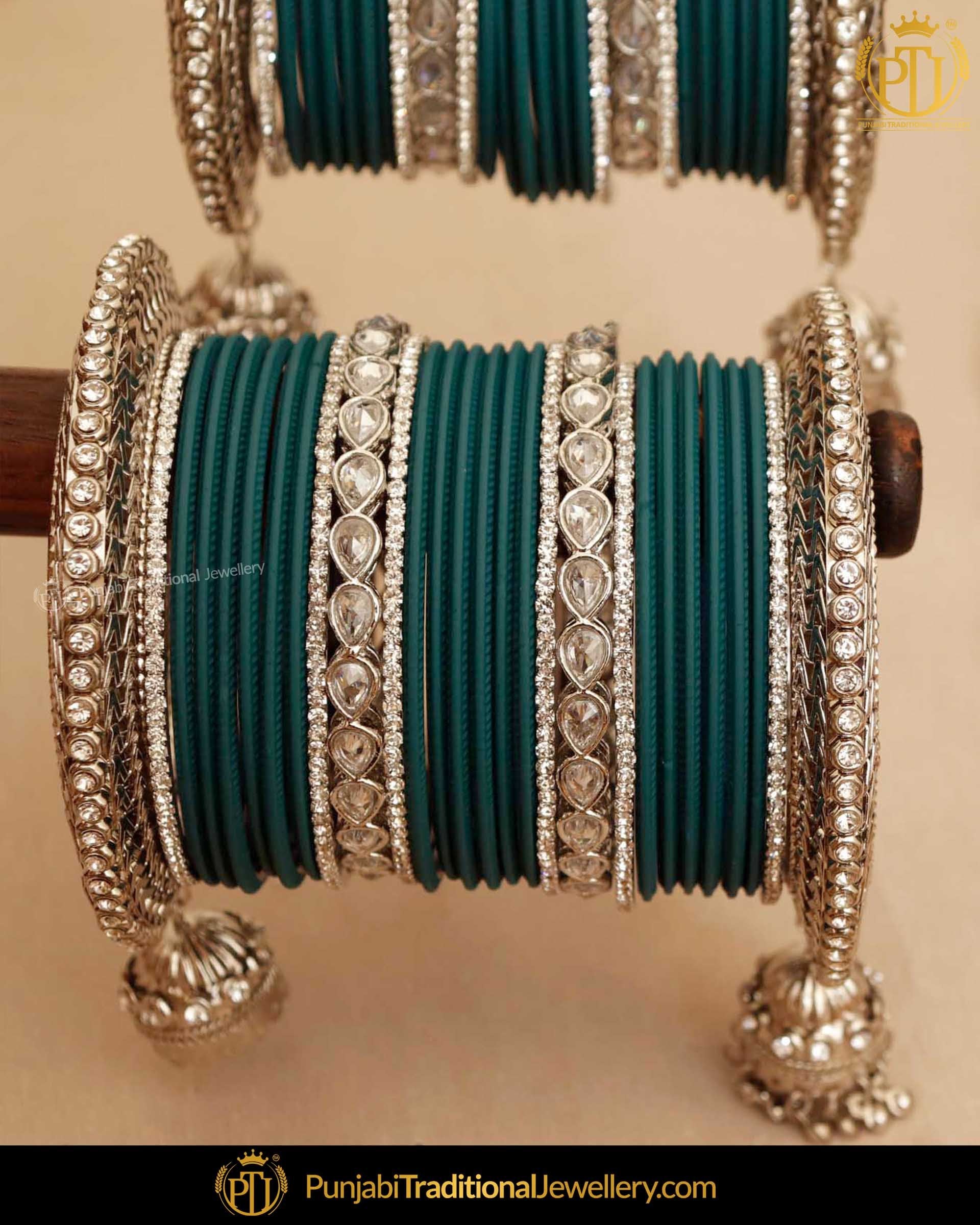 Peacock Green Silver Jhumki (For Both Hands) Bangles Set | Punjabi Traditional Jewellery Exclusive