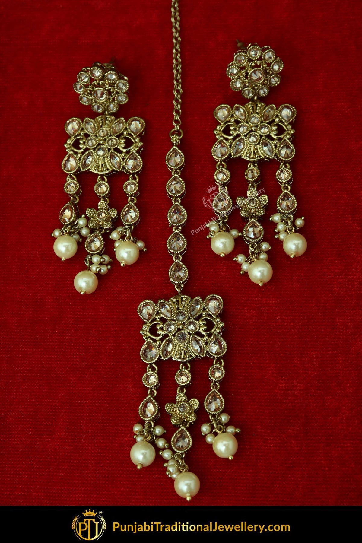 Antique Gold Finised Champagne Stone Earring Tikka Set By Punjabi Traditional Jewellery